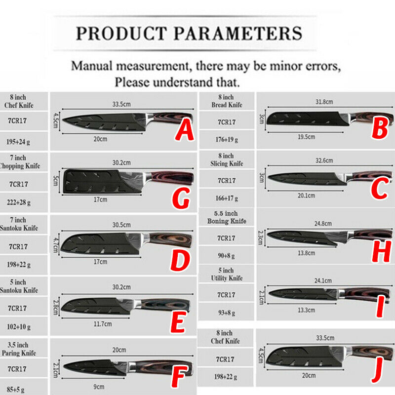 10 Pcs Japanese Kitchen Knives Set Damascus Pattern Stainless Steel Chef’s Knife - Fresh Stock Dated January 2026