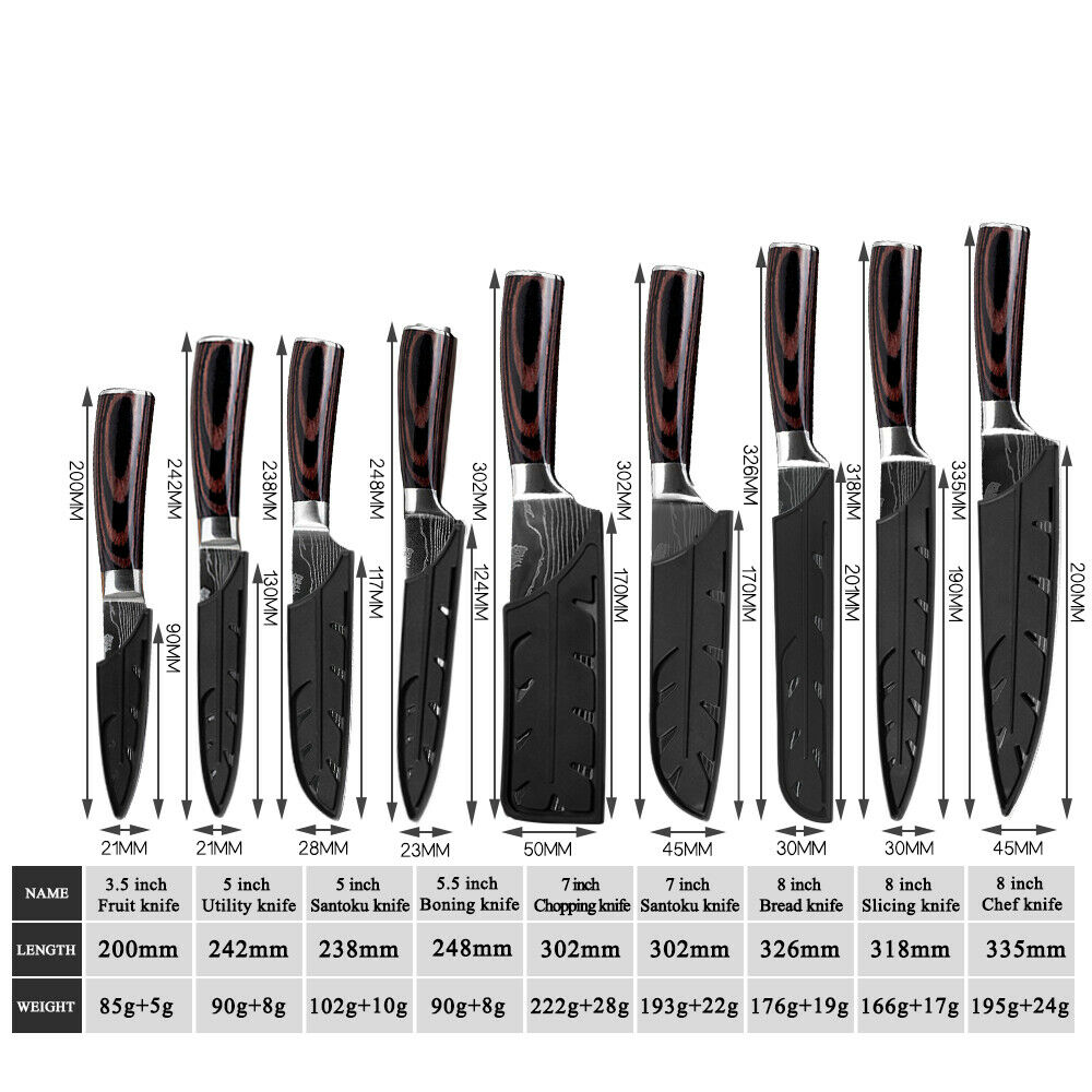 10 Pcs Japanese Kitchen Knives Set Damascus Pattern Stainless Steel Chef’s Knife - Fresh Stock Dated January 2026