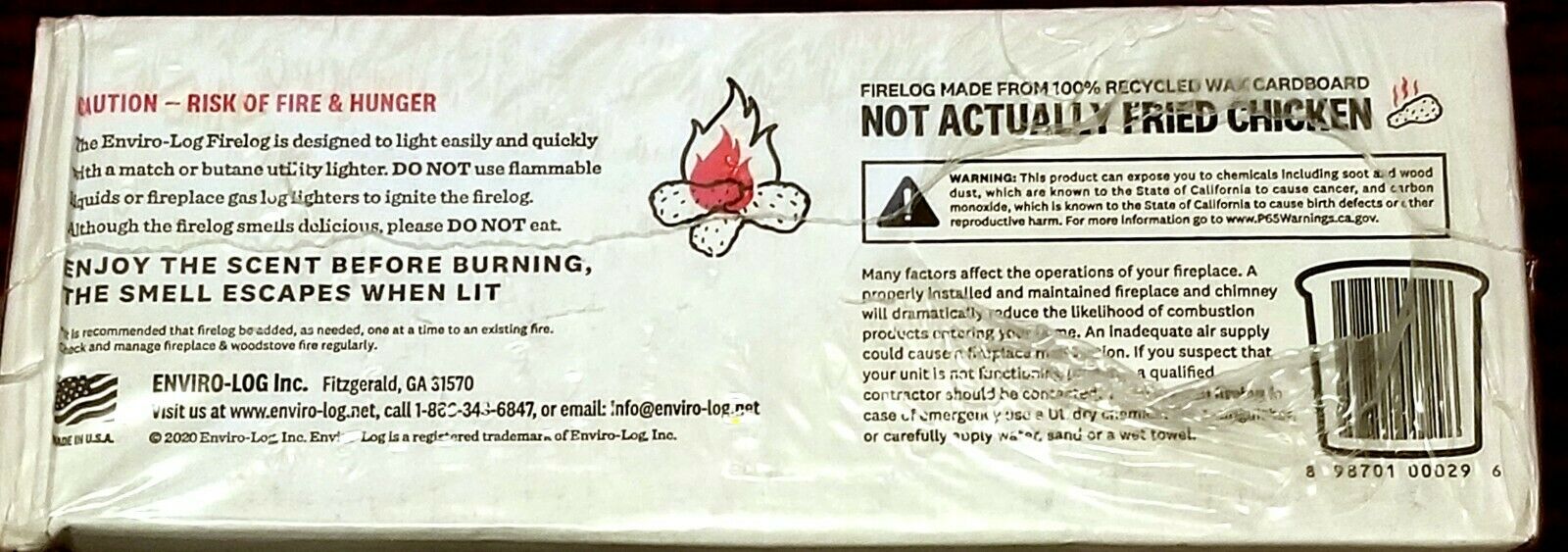 KFC Firelog Kentucky Fried Chicken Scented by Enviro-Log® - Limited Edtn 2 Logs - Fresh Stock Dated January 2026