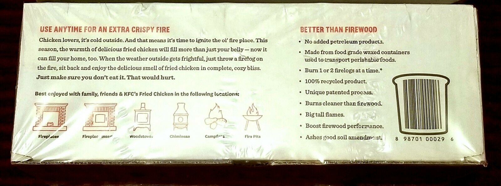 KFC Firelog Kentucky Fried Chicken Scented by Enviro-Log® - Limited Edtn 2 Logs - Fresh Stock Dated January 2026