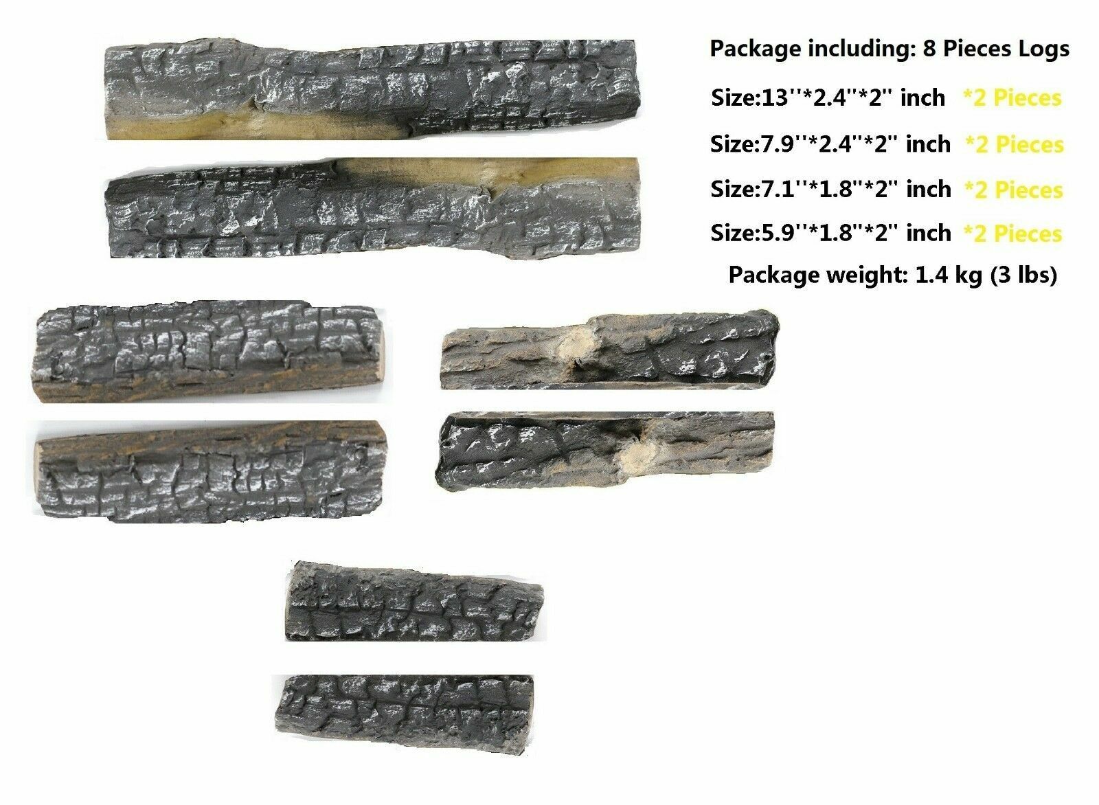 8PC Set Realistic Flame Large Ceramic Wood Ash Logs Fire pit Log Kit - Fresh Stock Dated January 2026