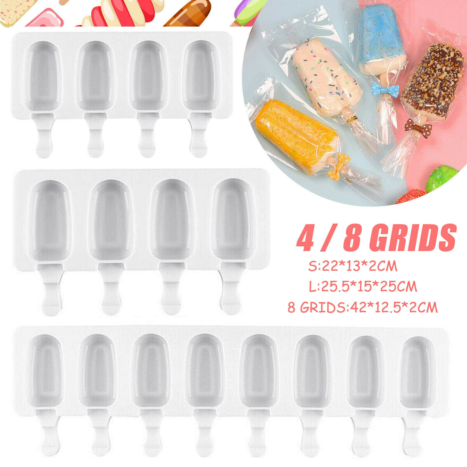 4/8 Cavities Silicone Popsicle Molds Ice Pop Molds Maker With Wooden Sticks DIY - Fresh Stock Dated February 2026