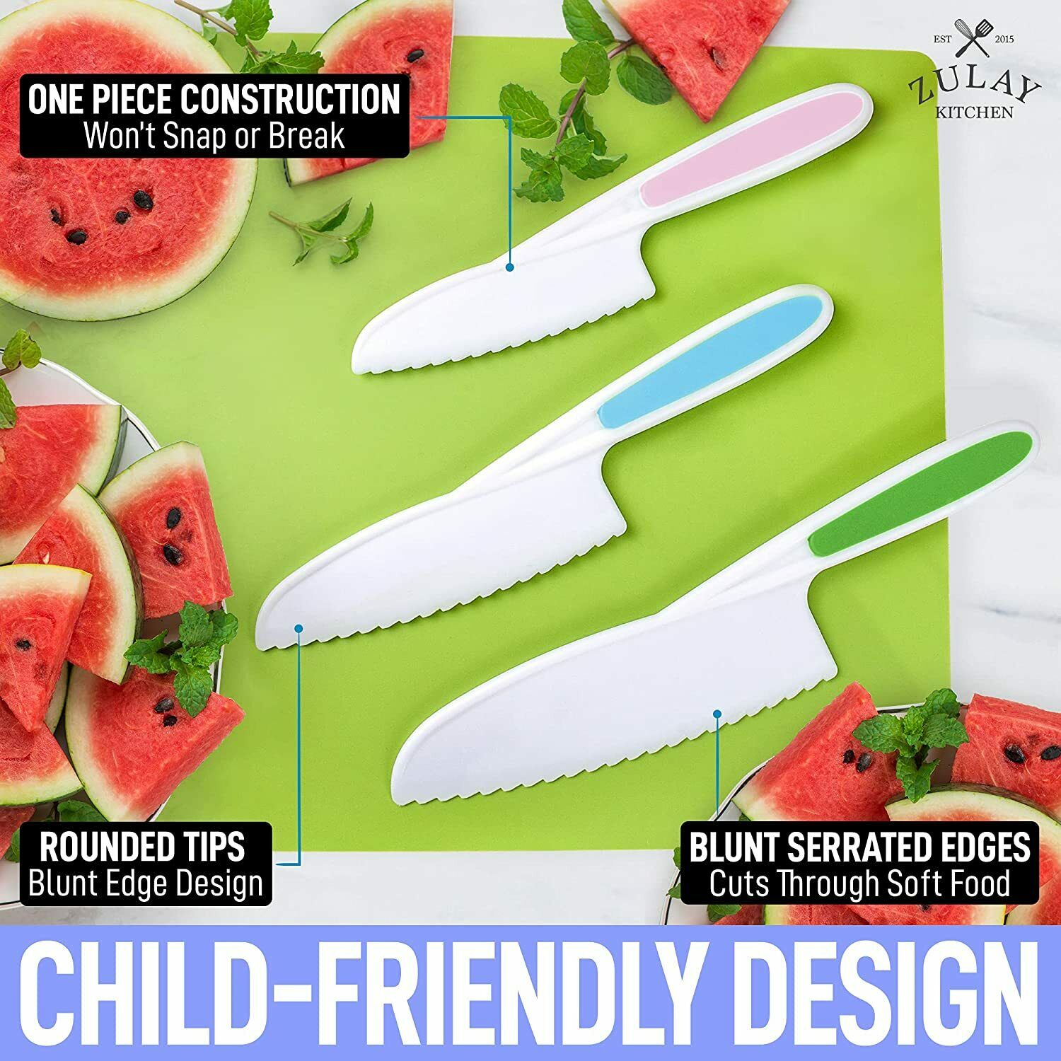 3 Piece Kids Knife Set Safe Fun Cooking Cutting Fruits, Veggies, Sandwiches Cake - Fresh Stock Dated February 2026