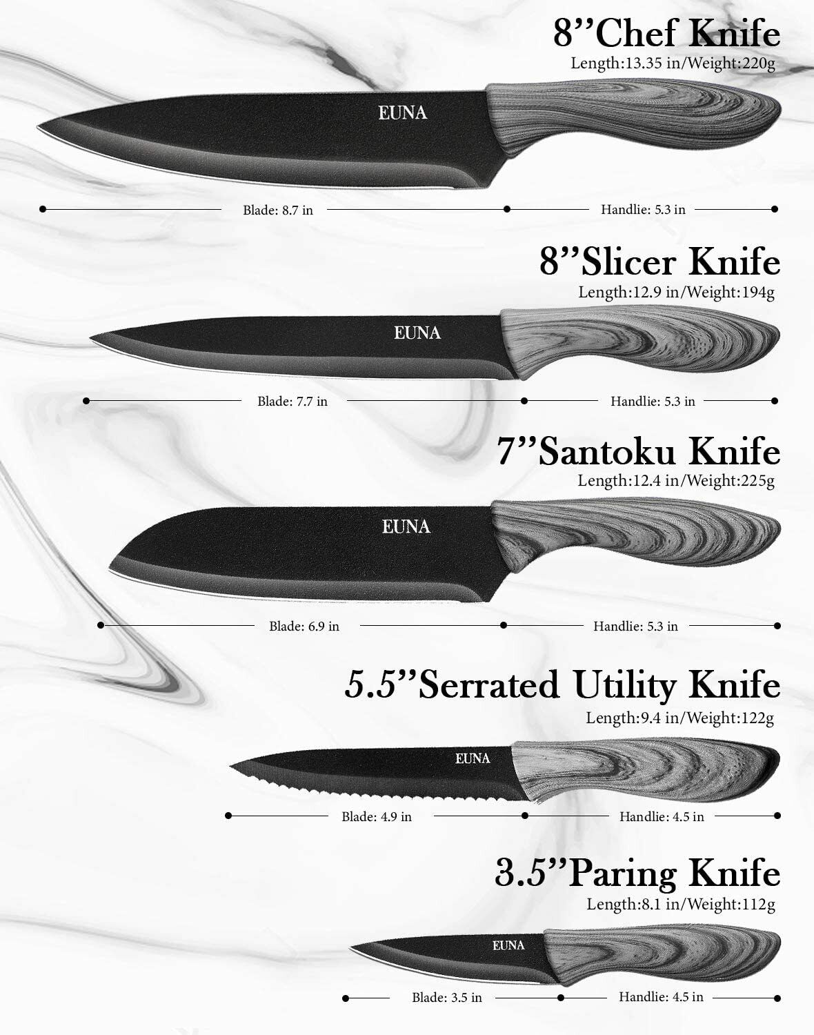 EUNA 5 PCS Kitchen Knife Boxed Set Ultra Sharp Japanese Knives with Sheaths - Fresh Stock Dated January 2026