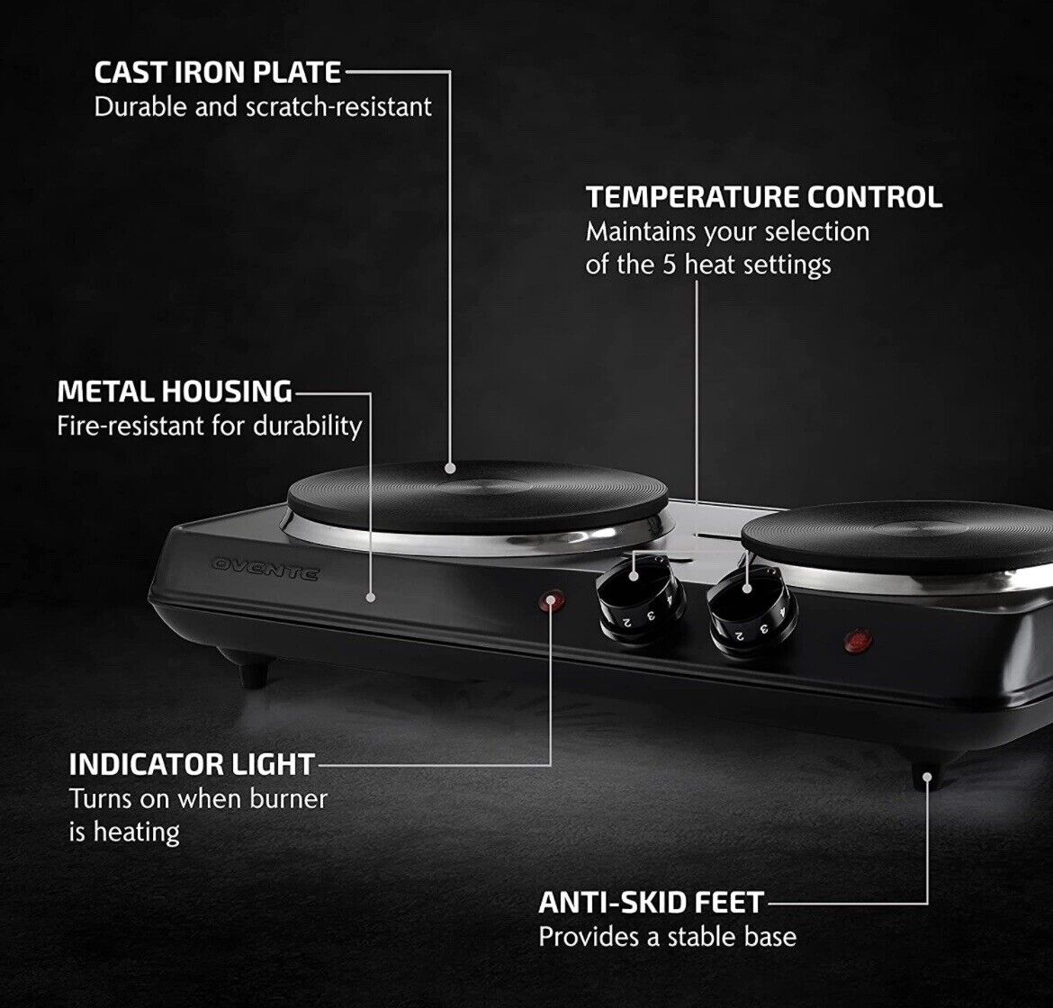 Ovente BGS102B Electric Double Burner 6 & 7 Inch Cast Iron Hot Plates, Black - Fresh Stock Dated February 2026