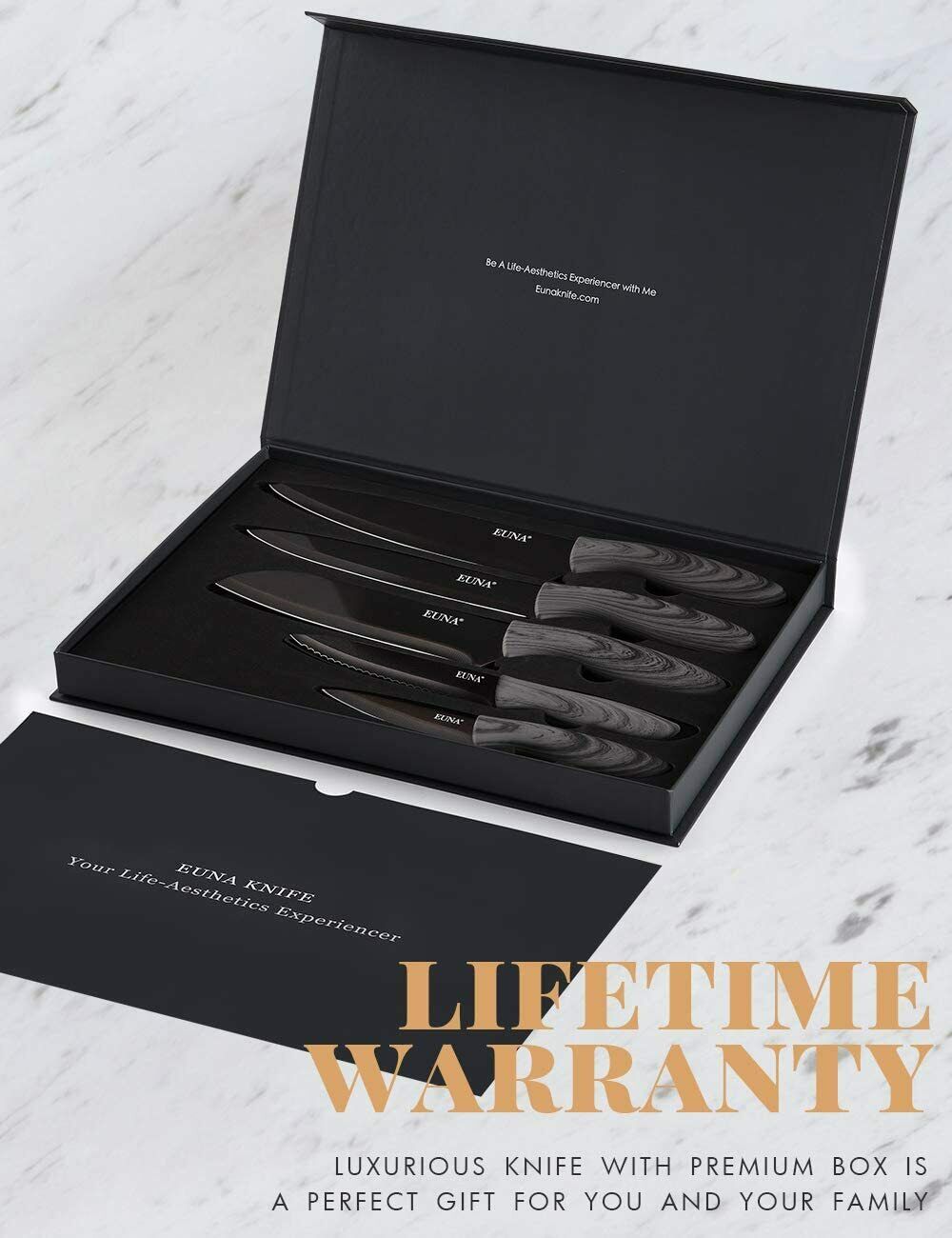 EUNA 5 PCS Kitchen Knife Boxed Set Ultra Sharp Japanese Knives with Sheaths - Fresh Stock Dated January 2026