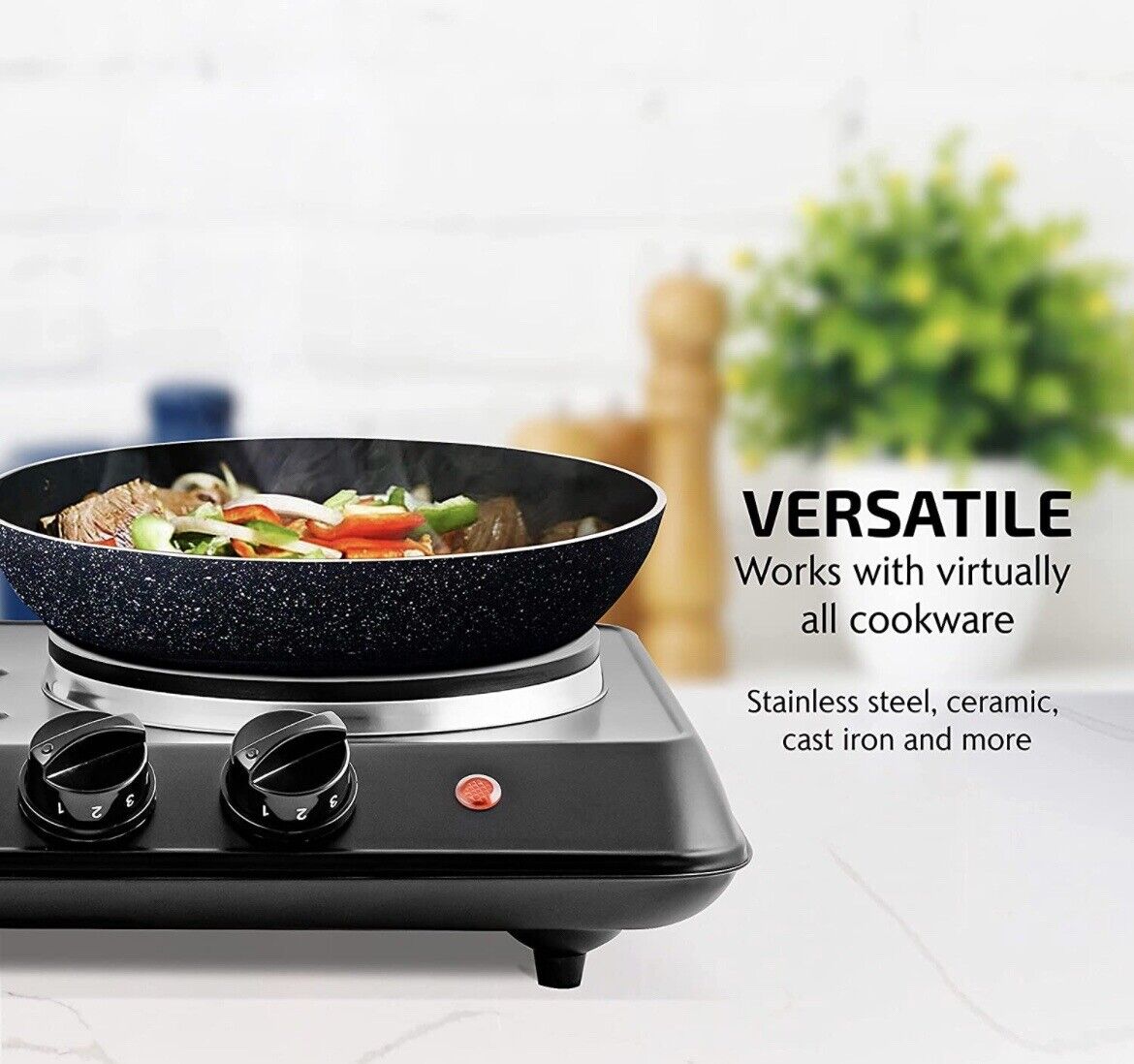 Ovente BGS102B Electric Double Burner 6 & 7 Inch Cast Iron Hot Plates, Black - Fresh Stock Dated February 2026