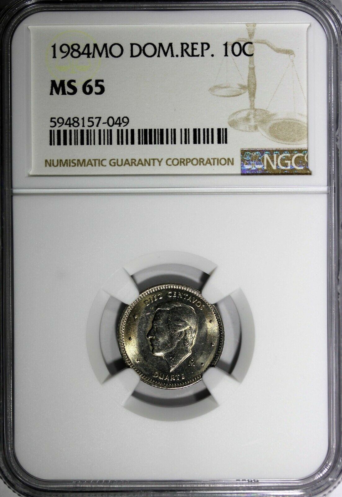 Dominican Republic Duarte 1984 MO 10 Centavos NGC MS65 Human Rights KM# 60 (49) - Fresh Stock Dated December 2025