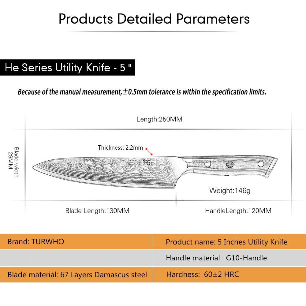 5Pcs TURWHO Paring Santoku Chef Knife Japanese VG10 Damascus Steel Kitchen Knife - Fresh Stock Dated January 2026