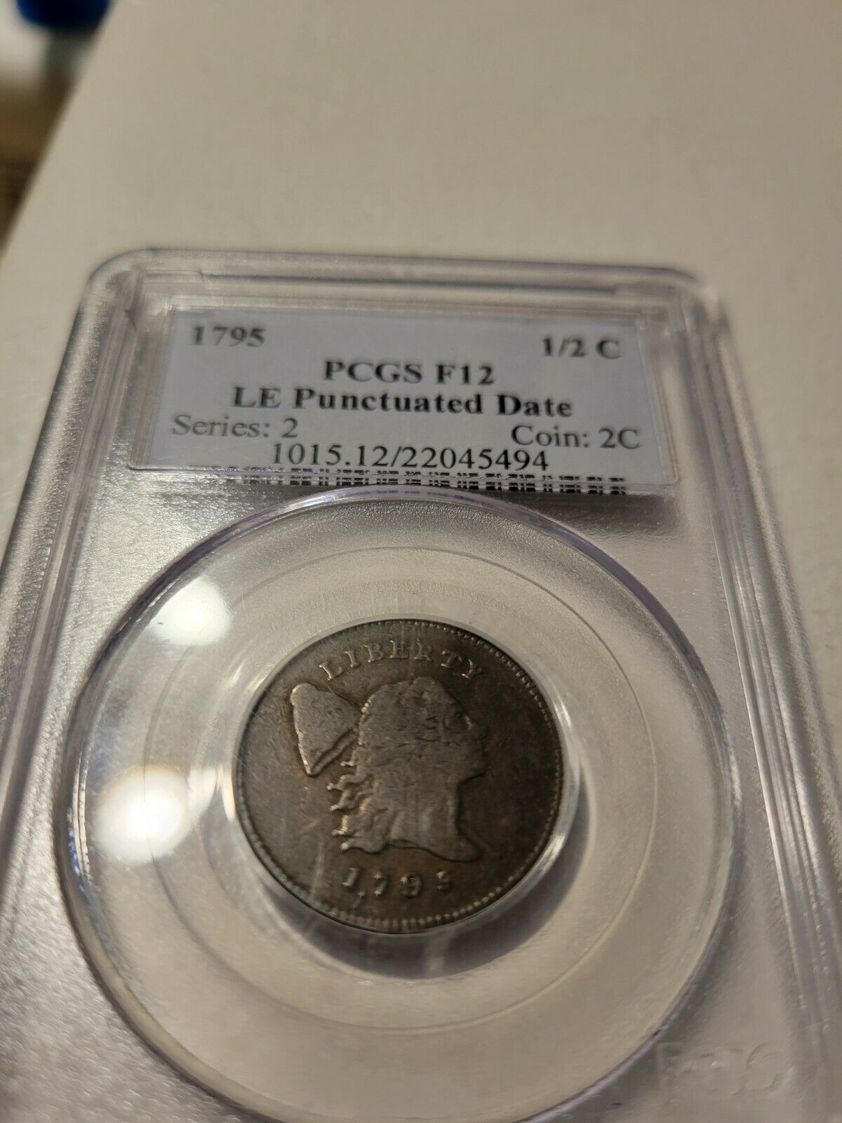 1795 Lettered edge, punctuated date half cent. PCGS F12 - Fresh Stock Dated December 2025