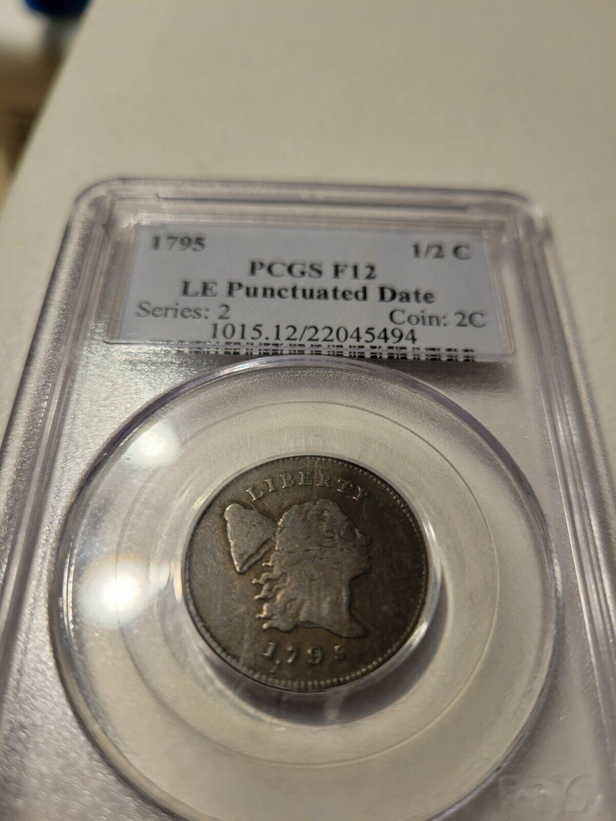 1795 Lettered edge, punctuated date half cent. PCGS F12 - Fresh Stock Dated December 2025