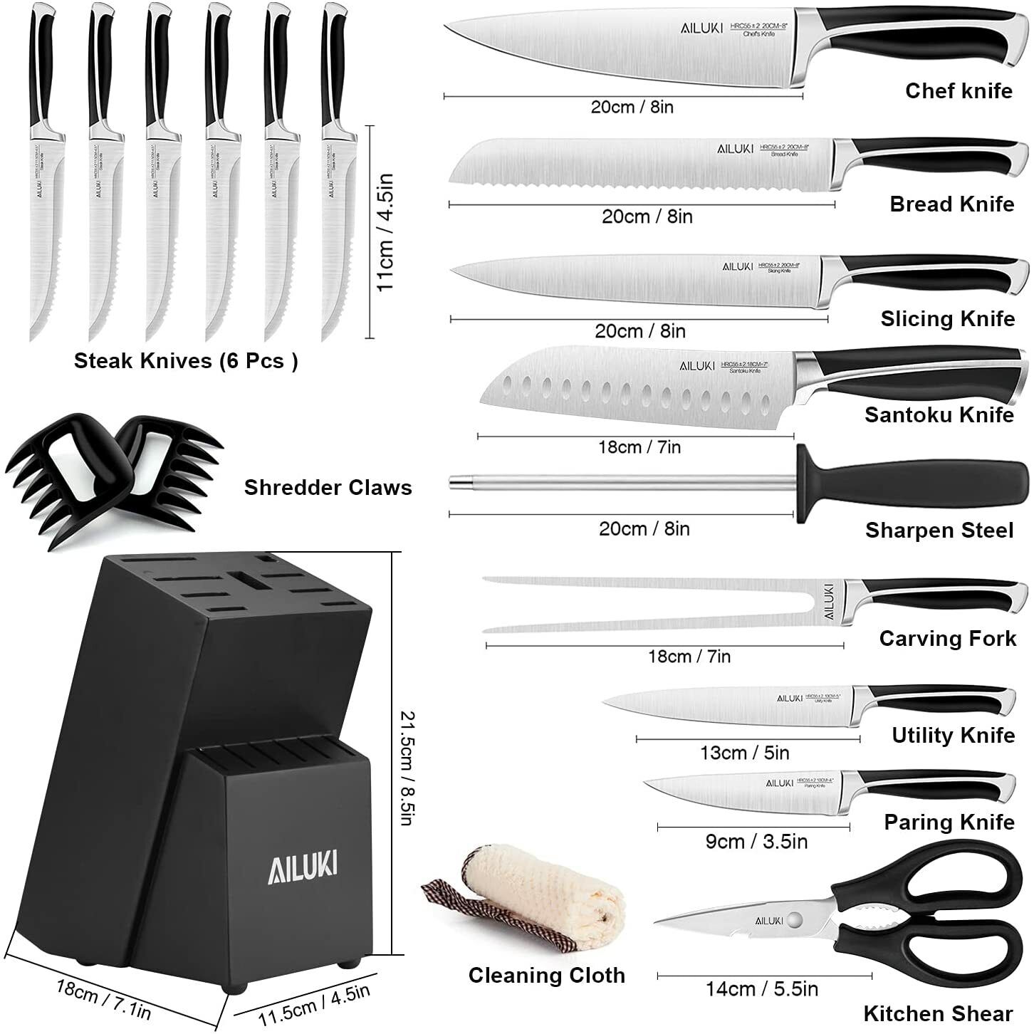 Knife Set, 19-Piece Kitchen Knife Set with Block Wooden German Stainless Steel - Fresh Stock Dated February 2026