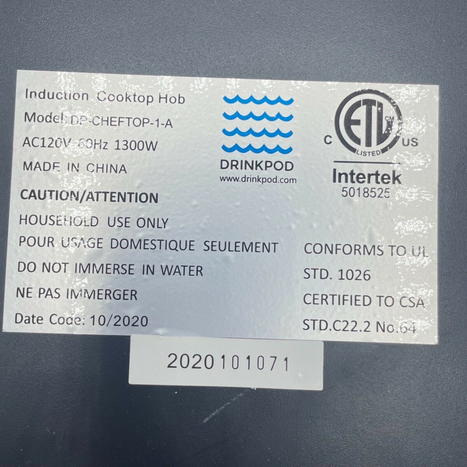 Drinkpod Cheftop Induction Cooktop Portable Induction Single Burner - Curved - Fresh Stock Dated February 2026