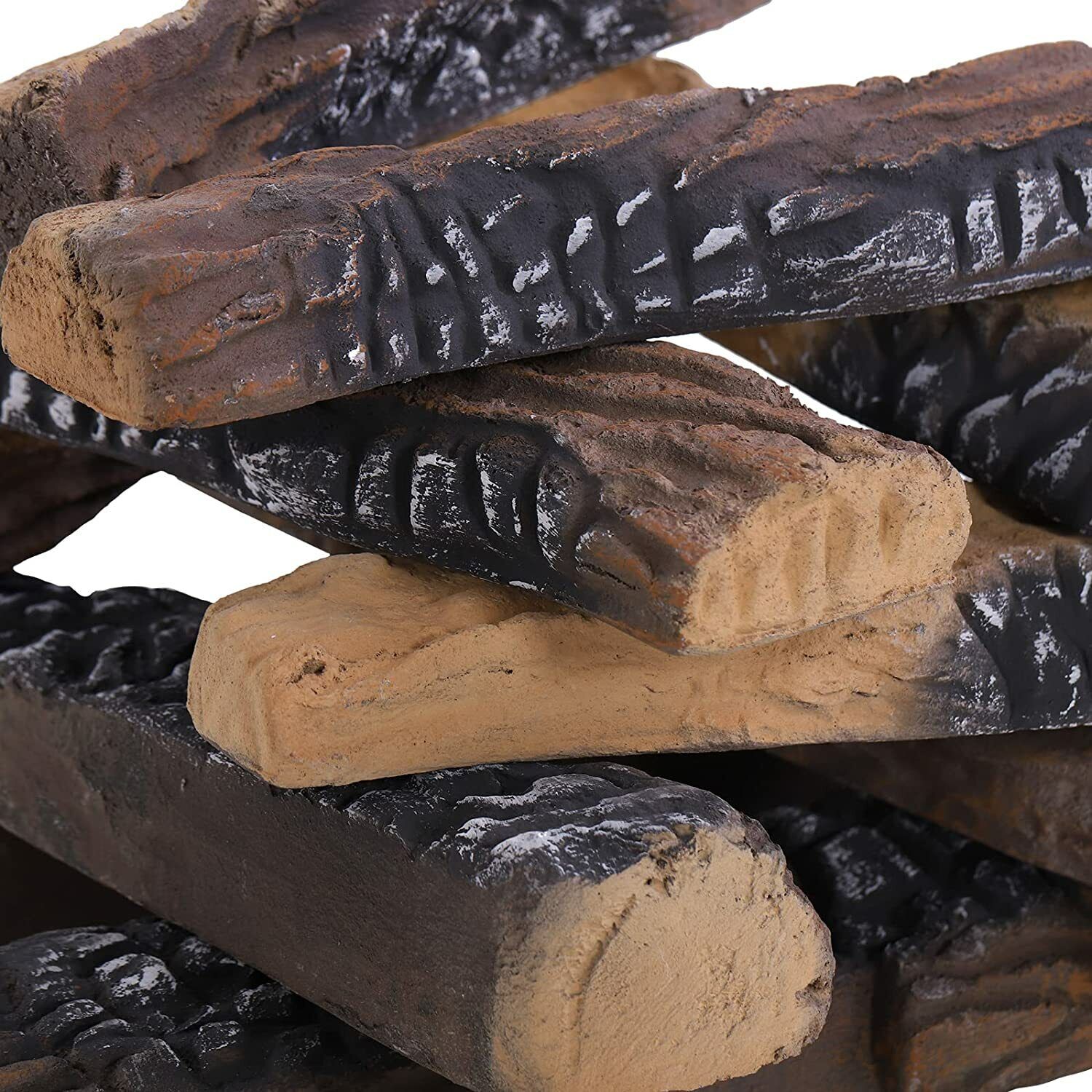10-Pieces Set Realistic Flame Large Ceramic Wood Fireplace Logs Firepit Log Set - Fresh Stock Dated January 2026