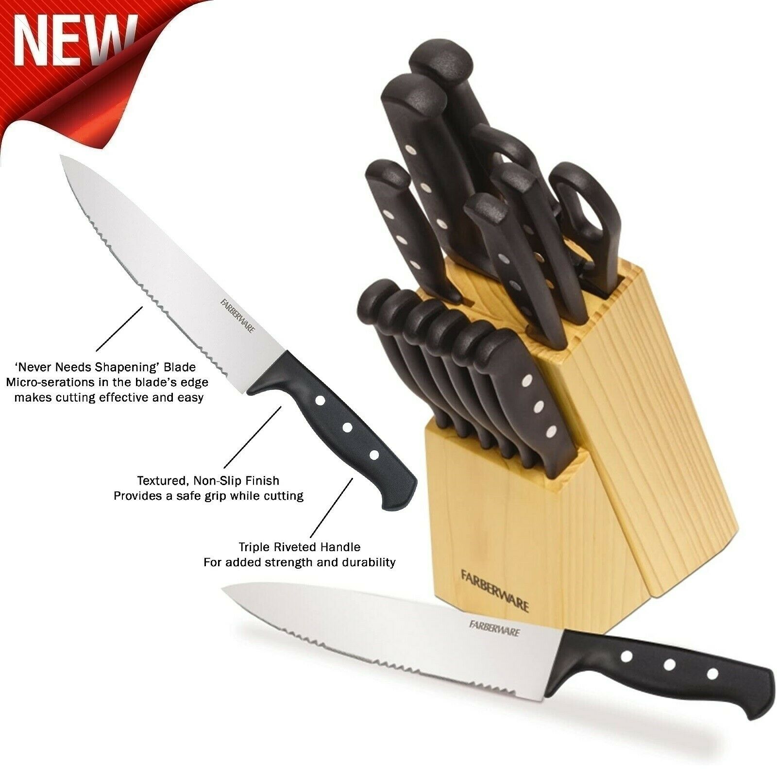 Knife Block Set With Kitchen Stainless Steel Sharpening Cutlery Knives 22 Piece - Fresh Stock Dated January 2026
