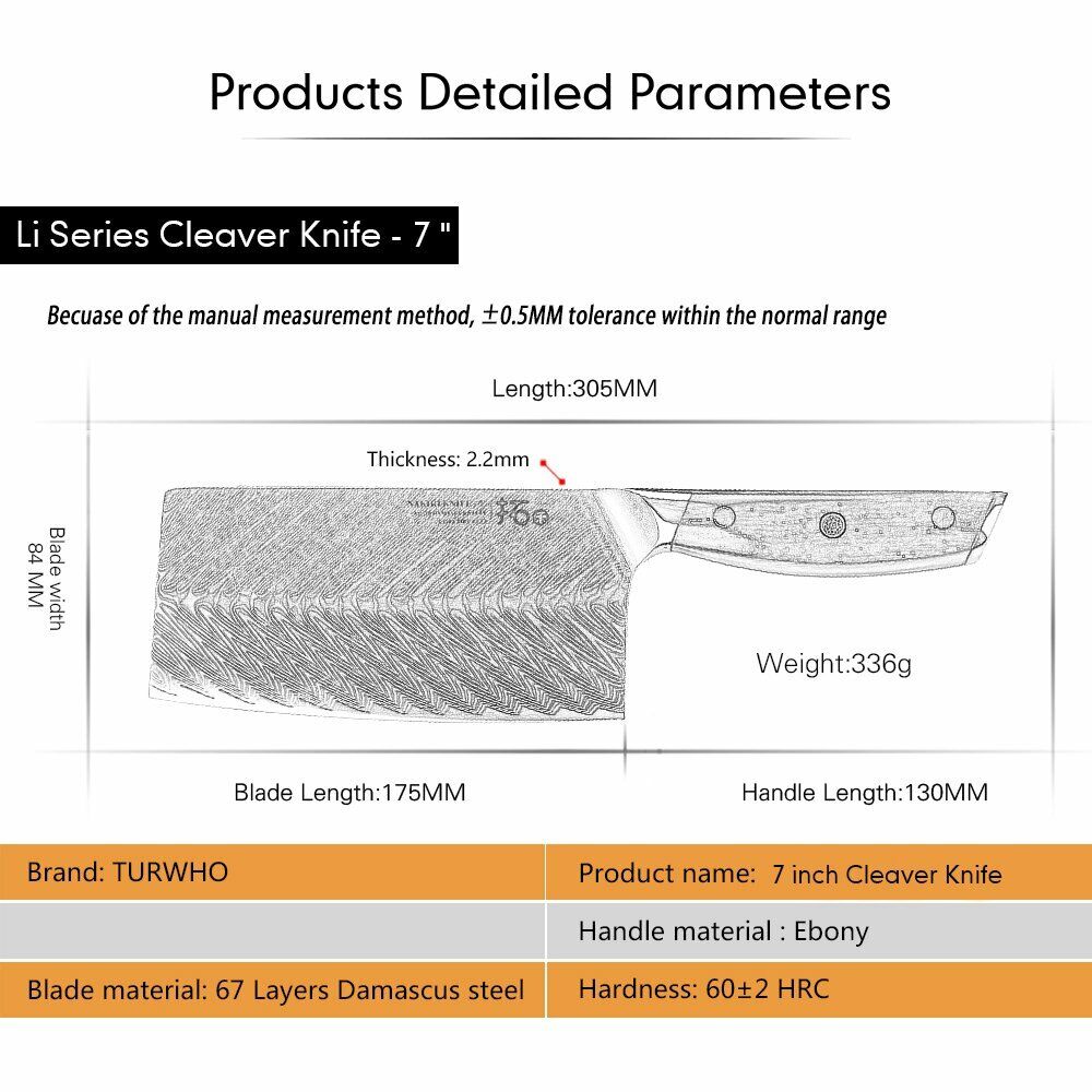TURWHO 7in Chef Chopper Kitchen Cleaver Knife Japanese VG10 Damascus Steel Knife - Fresh Stock Dated January 2026