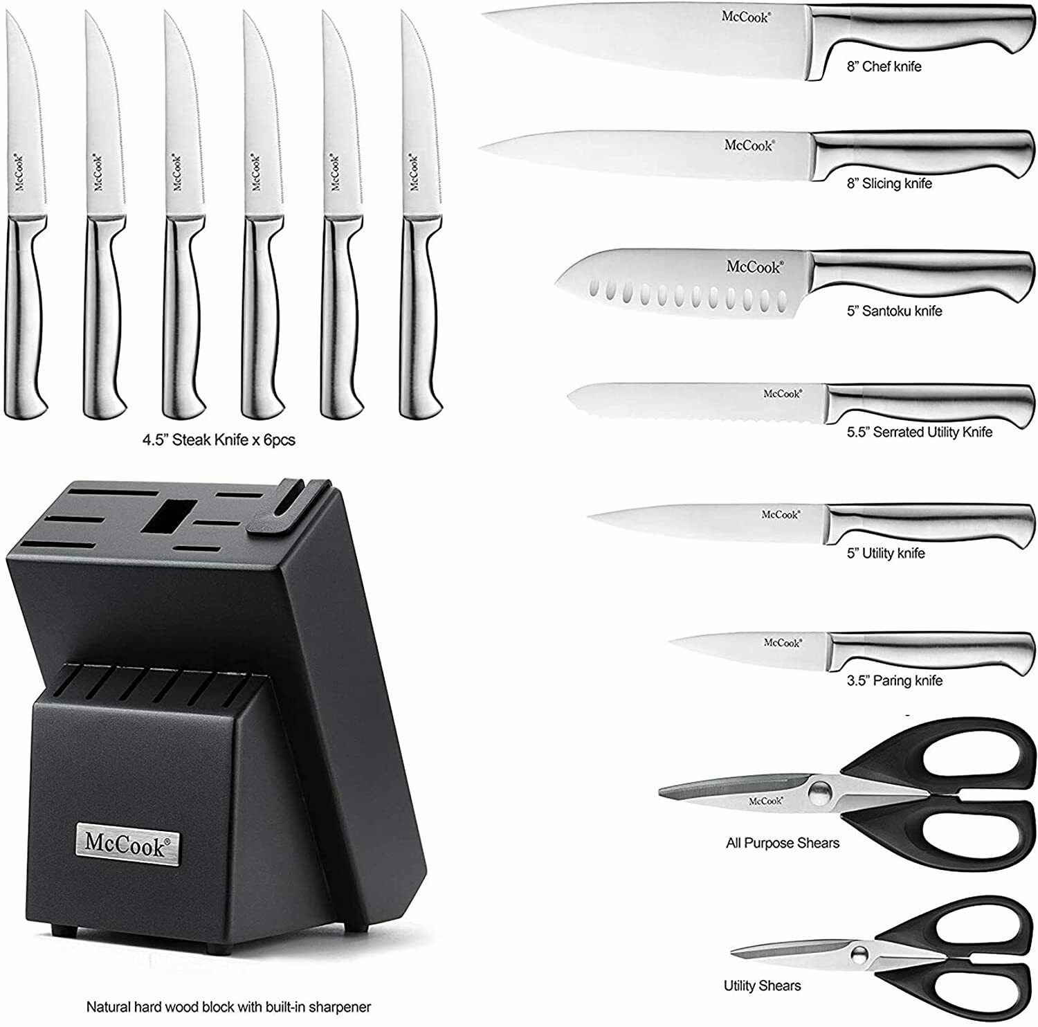 McCook 15PCS Kitchen Knife Set with Block Stainless Steel Built-in Sharpener - Fresh Stock Dated January 2026