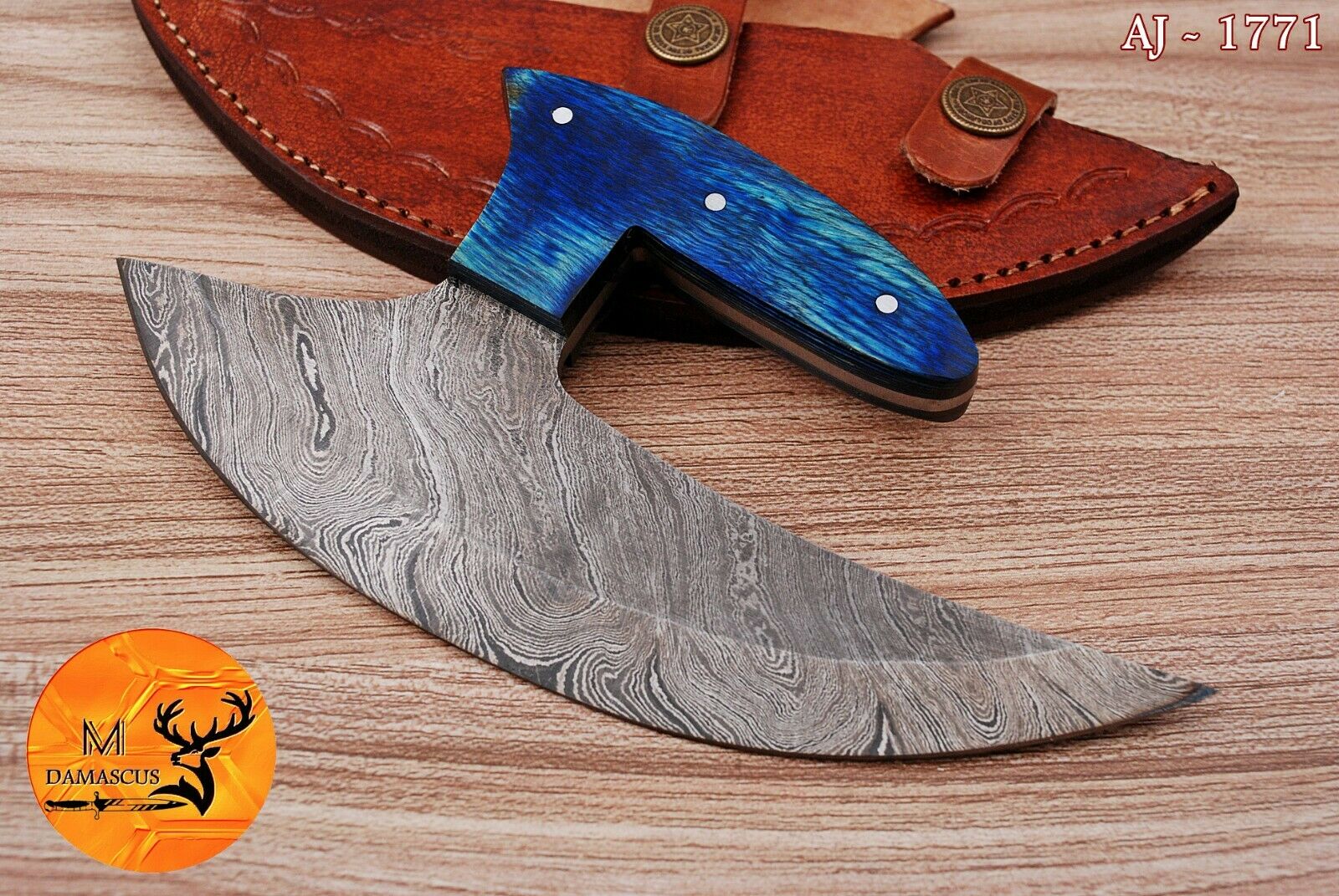 HAND FORGED DAMASCUS STEEL ULU CHEF KNIFE WITH WOOD HANDLE - AJ 1771 - Fresh Stock Dated February 2026