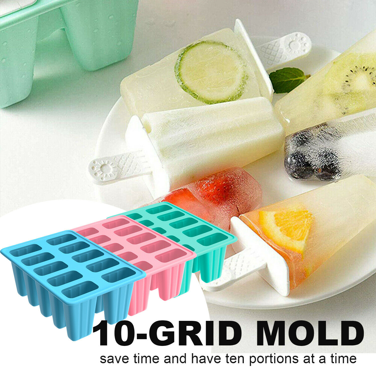 New Silicon 10Cell Ice Cream Mold DIY Frozen Popsicle Kitchen Ice Tray Cover Lid - Fresh Stock Dated January 2026