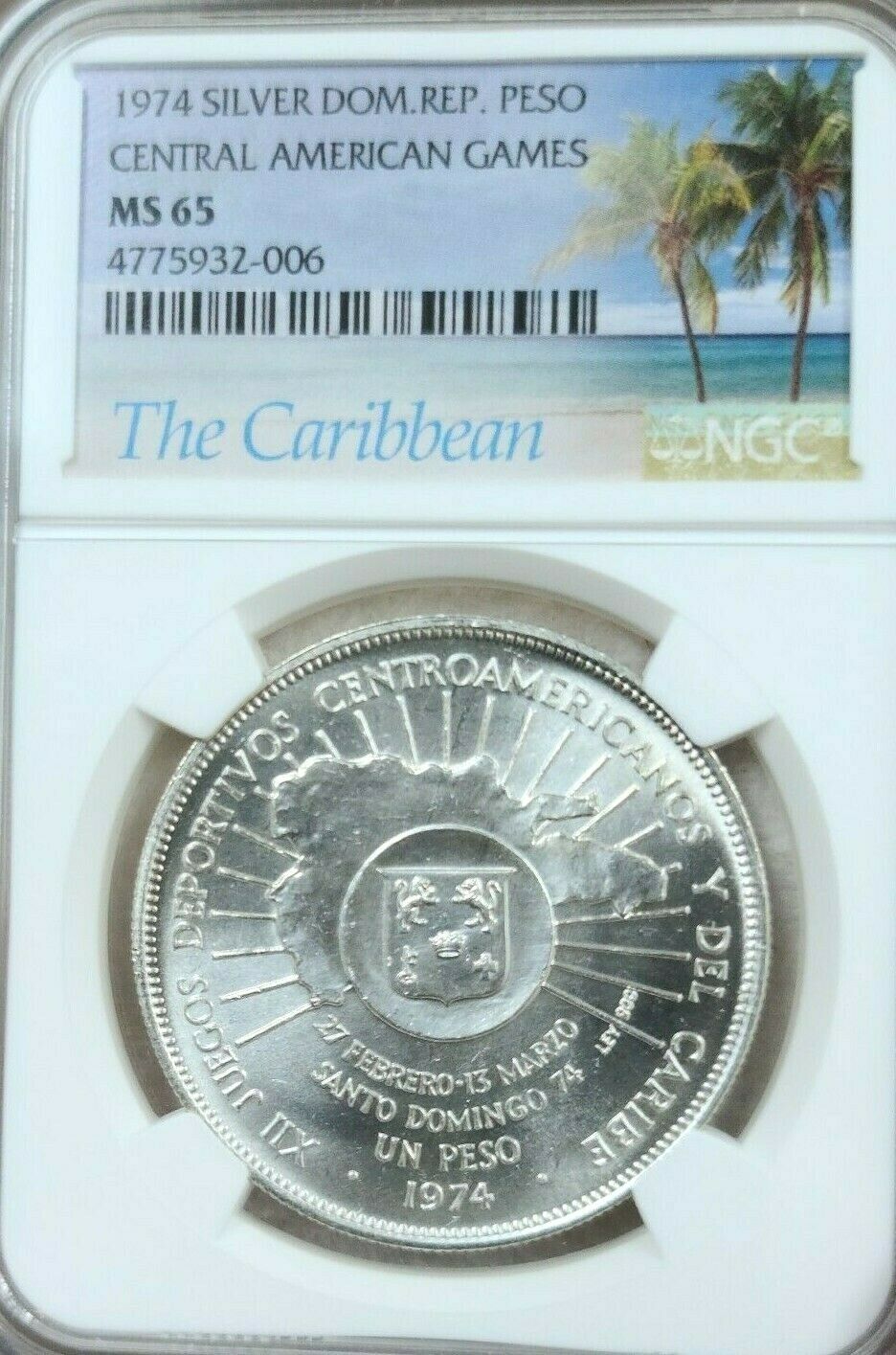 1974 DOMINICAN REPUBLIC SILVER 1 PESO CENTRAL AMERICAN GAMES NGC MS 65 GEM BU - Fresh Stock Dated December 2025