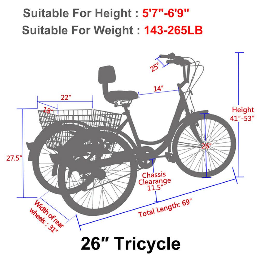 7 Speed Adults Trikes 26 inch 3-Wheeled Bicycles Cruiser Trike &Basket Women Men - Fresh Stock Dated January 2026