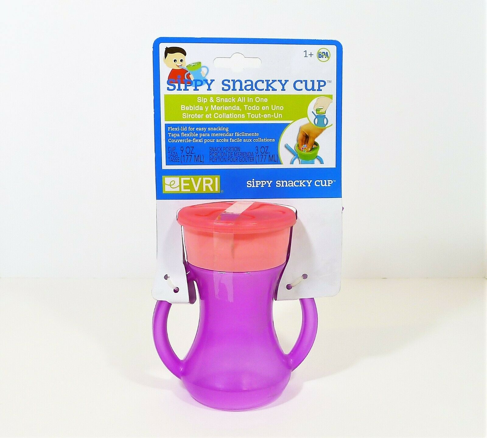 Set of 4 Evri Purple and Pink Sippy Snacky Cup Built in Straw with Handles -NEW - Fresh Stock Dated December 2025