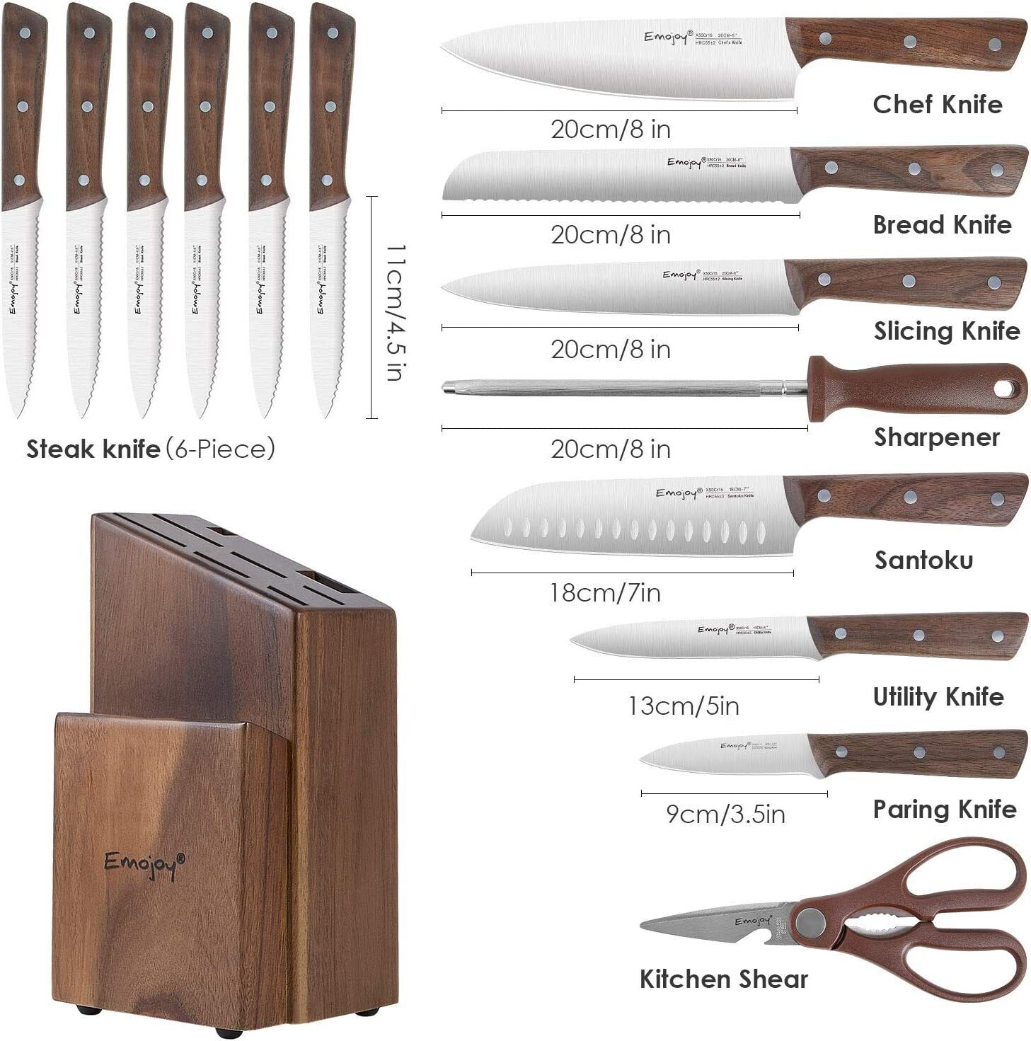 Emojoy Knife Set,15-piece Kitchen Knife Set with Block, Knives Set for Kitchen - Fresh Stock Dated February 2026