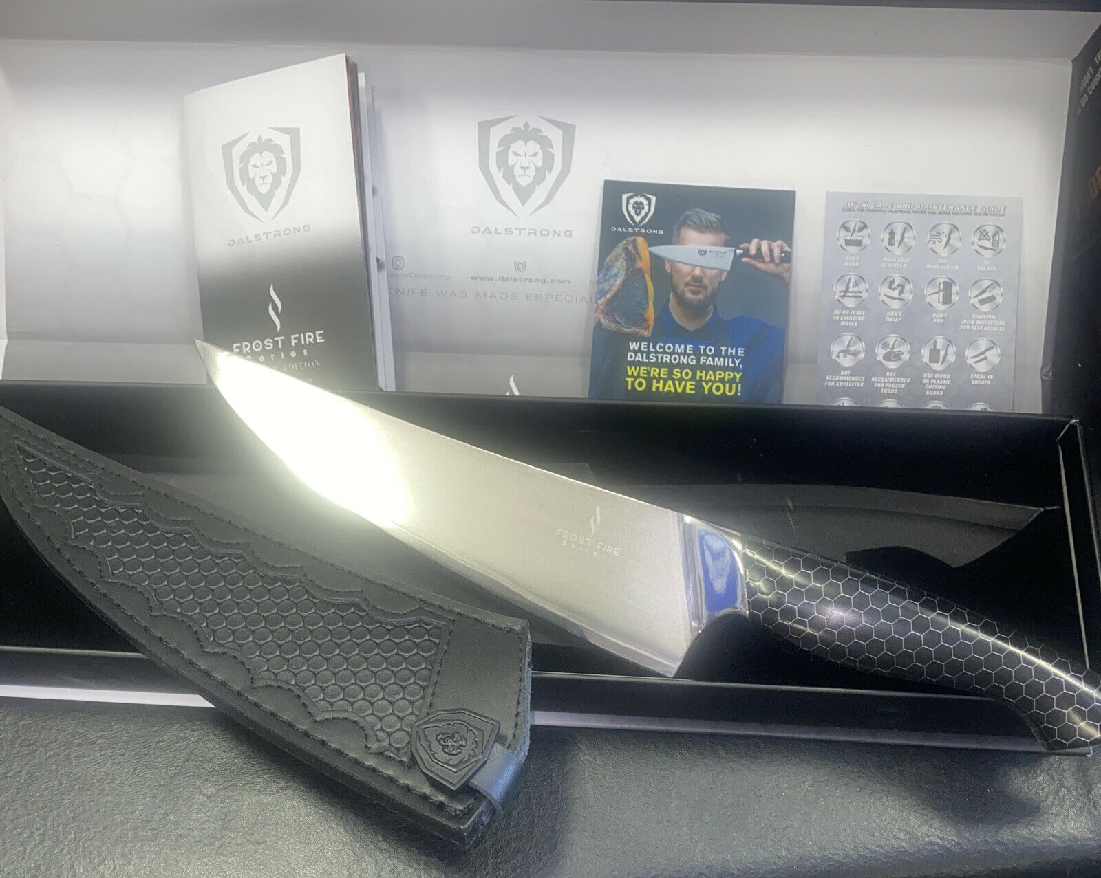 Dalstrong Frost Fire Series 8” Chef Knife w Honeycomb Handle Design Sheath - Fresh Stock Dated January 2026