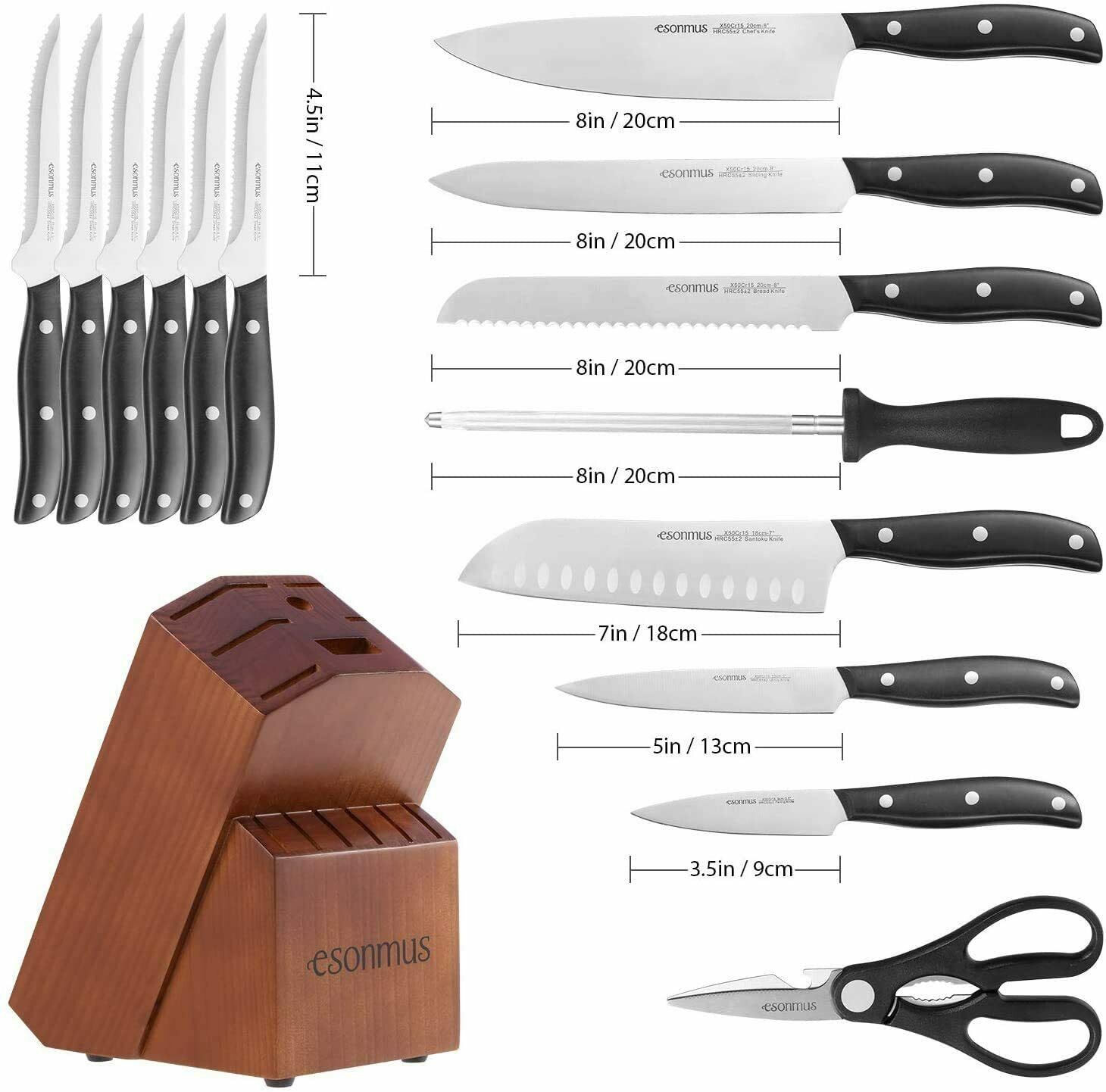 15-Pieces Kitchen Knife Set German Stainless Steel Chef Knives with Wooden Block - Fresh Stock Dated January 2026