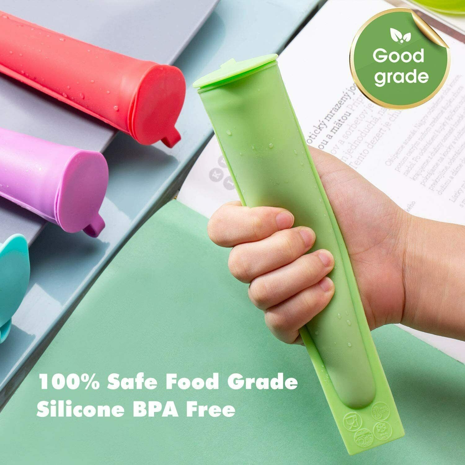 Silicone Ice Pop Molds for Kids with Lids, 8 Pieces Reusable with Cleaning Brush - Fresh Stock Dated February 2026