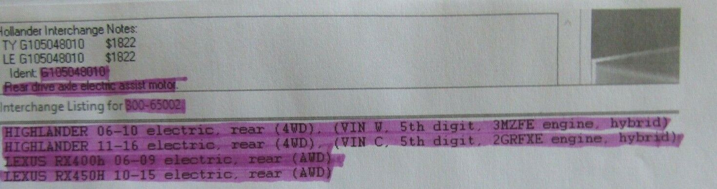 ENGINE ELECTRIC REAR 4WD FITS 06-16 HIGHLANDER 170071 300-65002 - Fresh Stock Dated January 2026