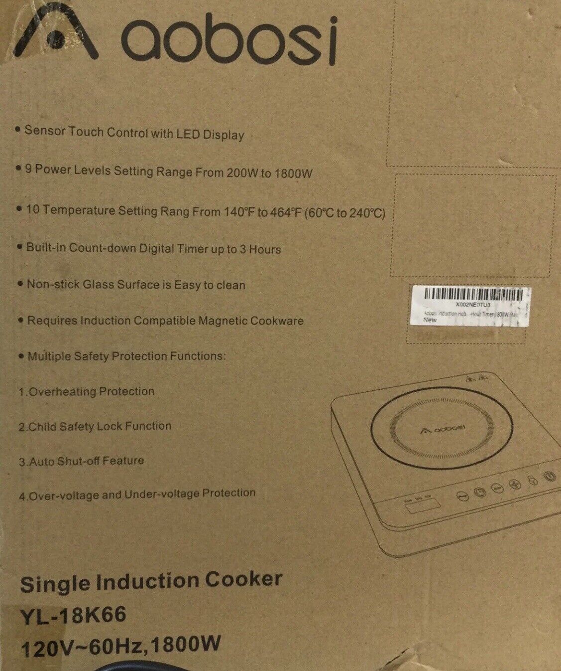 Aobosi Single Induction Glass Surface Cooker, YL-18K66, Black, New Open Box - Fresh Stock Dated January 2026