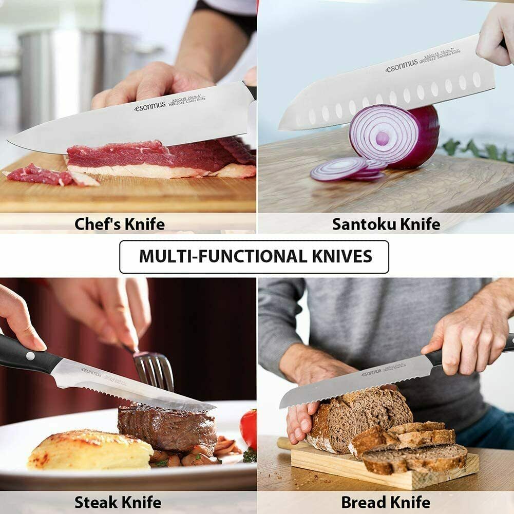 15-Pieces Kitchen Knife Set German Stainless Steel Chef Knives with Wooden Block - Fresh Stock Dated January 2026