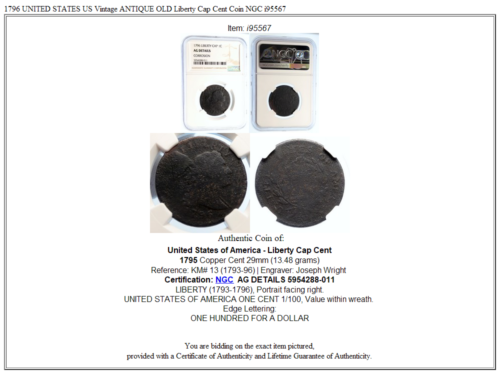 1796 UNITED STATES US Vintage ANTIQUE OLD Liberty Cap Cent Coin NGC i95567 - Fresh Stock Dated December 2025