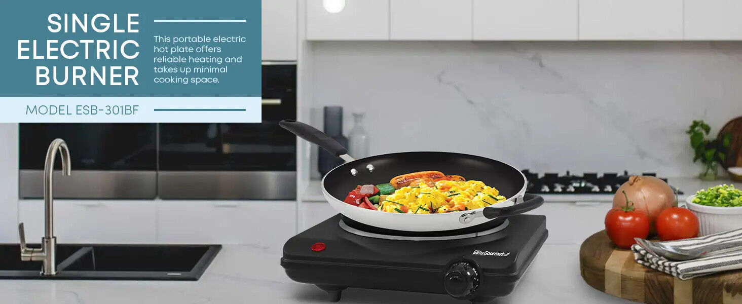 Elite Gourmet ESB-301BF# Countertop Single Cast Iron Burner, 1000 Watts - Fresh Stock Dated February 2026