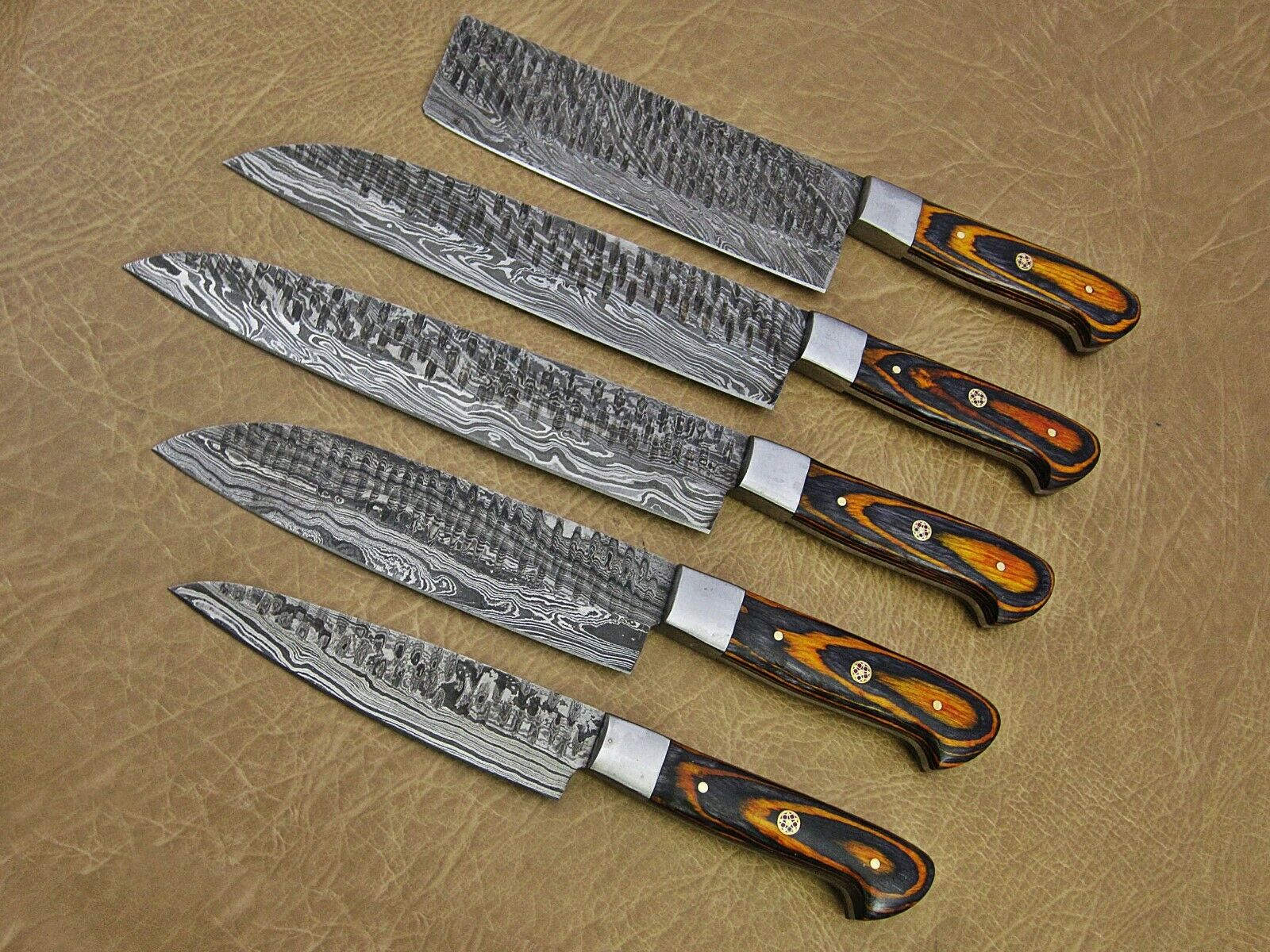 Hand forged hammered Damascus steel 5 piece Kitchen knife set, Orange Black - Fresh Stock Dated February 2026