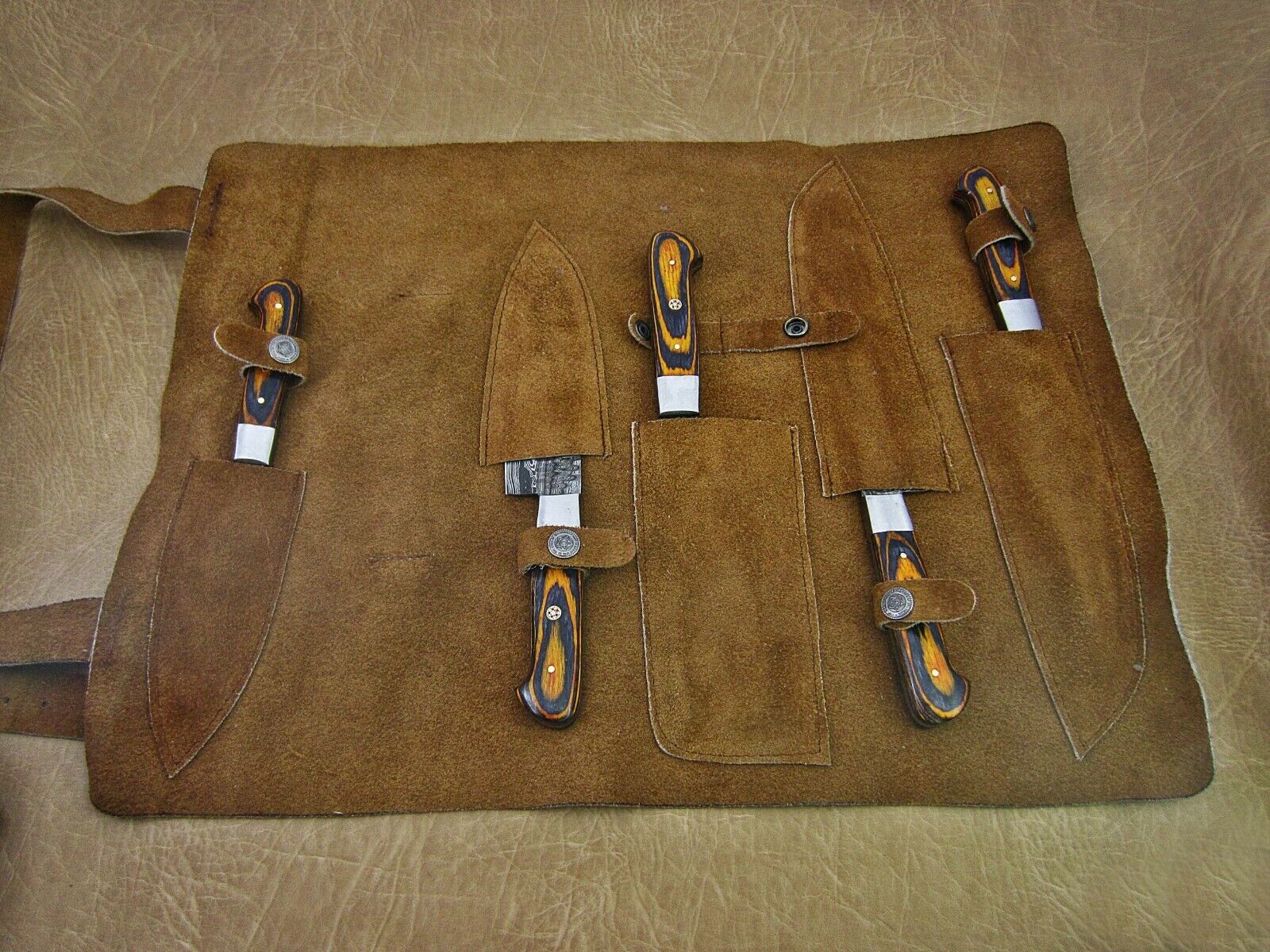 Hand forged hammered Damascus steel 5 piece Kitchen knife set, Orange Black - Fresh Stock Dated February 2026