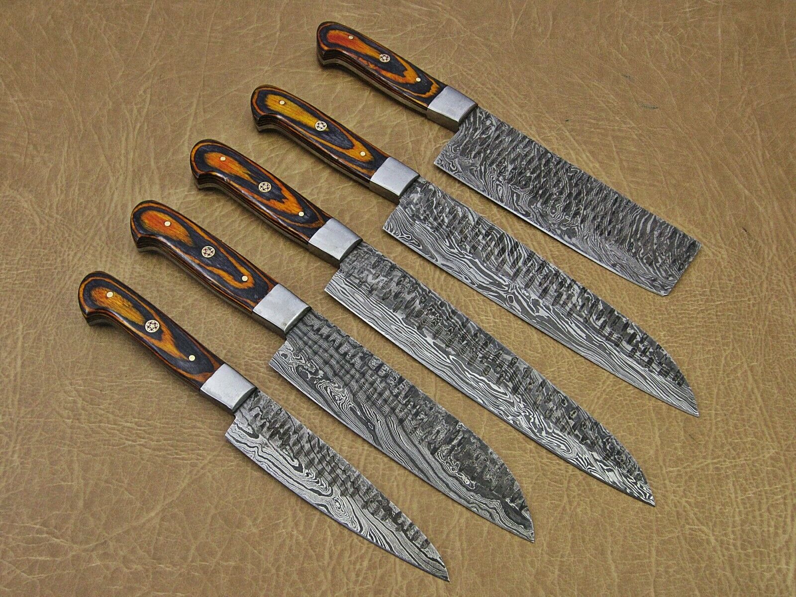 Hand forged hammered Damascus steel 5 piece Kitchen knife set, Orange Black - Fresh Stock Dated February 2026