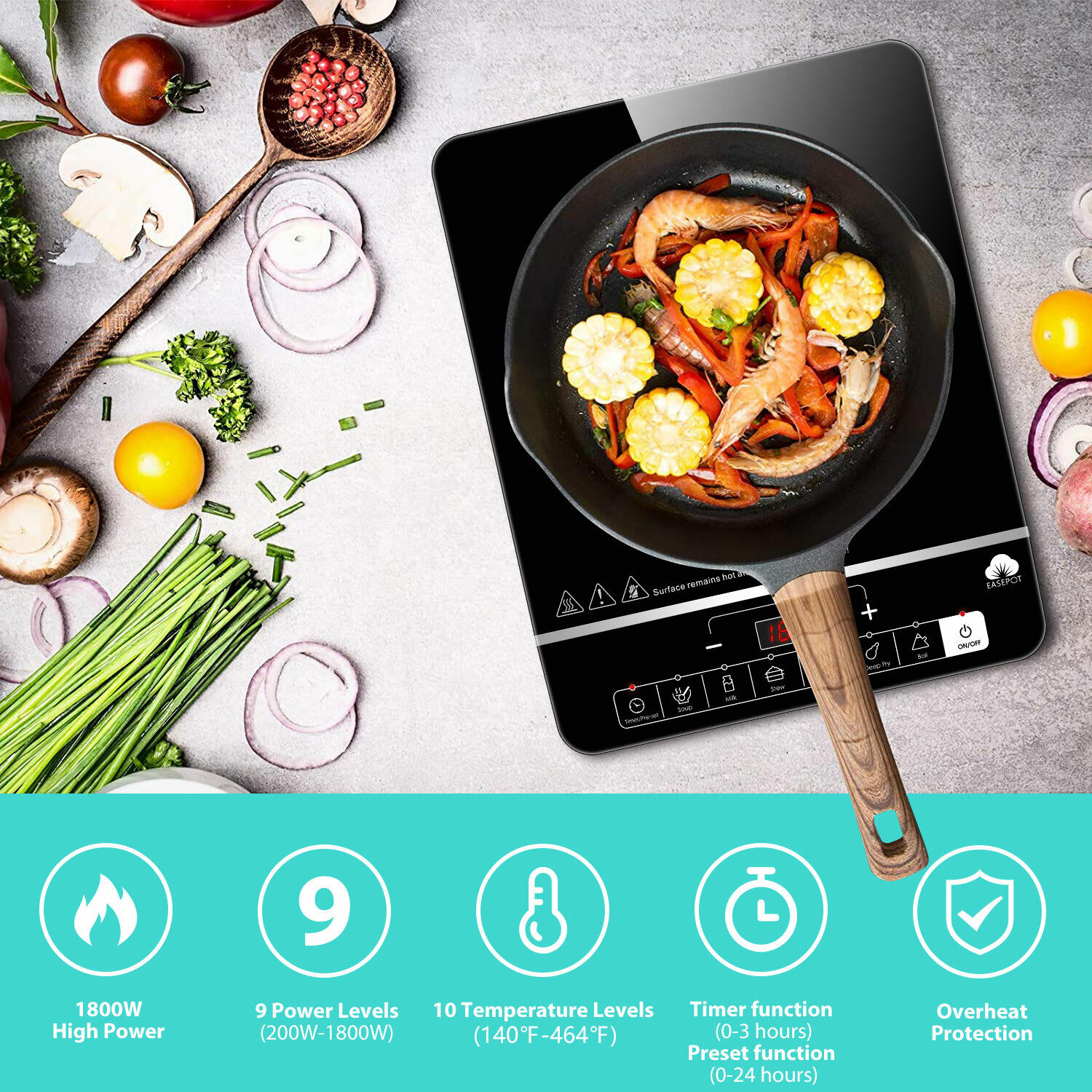EASEPOT Induction Cooktop 1800W Portable Single Burner Cooker Stove Hot Plate - Fresh Stock Dated February 2026