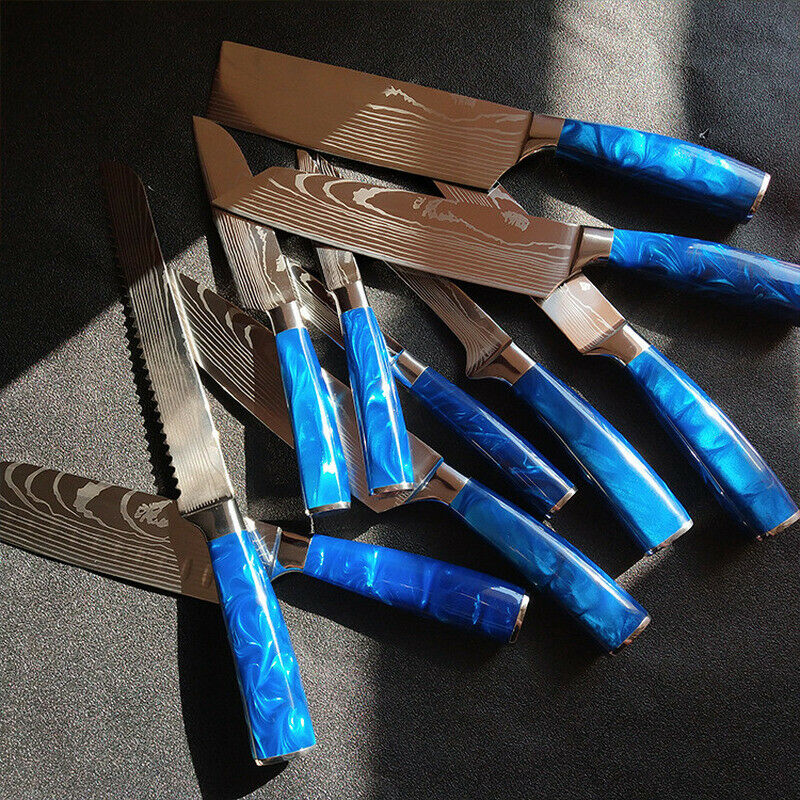 10 Pcs Kitchen Knives Set Japanese Damascus Pattern Chef's Knife Resin Handle - Fresh Stock Dated January 2026