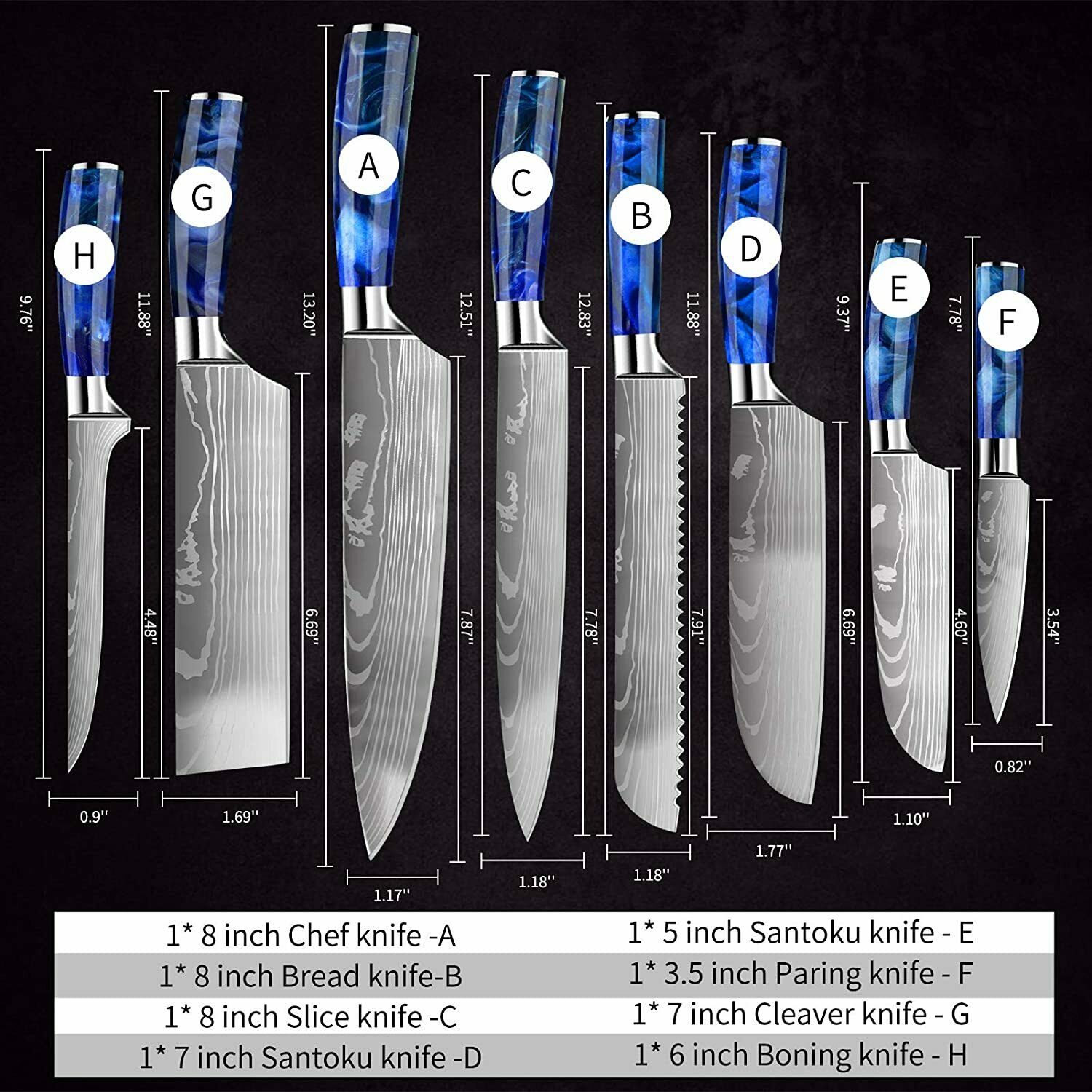 10 Pcs Kitchen Knives Set Japanese Damascus Pattern Chef's Knife Resin Handle - Fresh Stock Dated January 2026