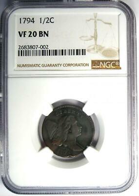 1794 Liberty Cap Flowing Hair Half Cent 1/2C Coin (C-3A R5 Variety) - NGC VF20 - Fresh Stock Dated December 2025
