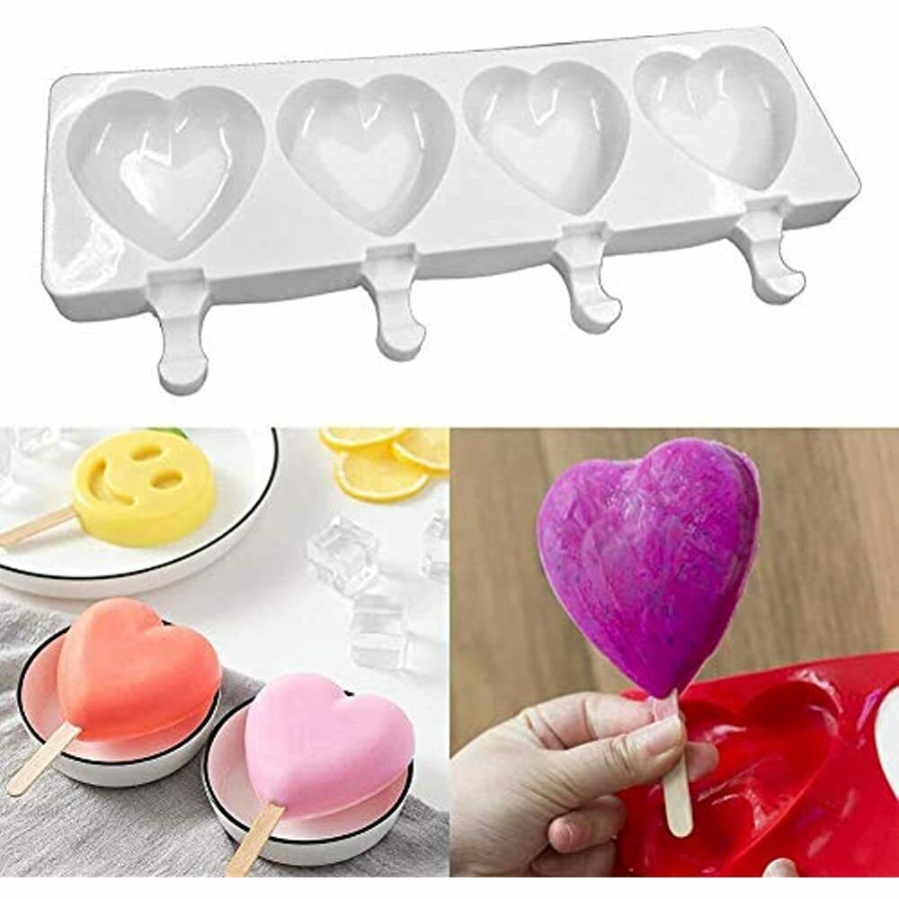 Detsnik Ice Pop Molds Silicone Popsicle 4 Cavities Homemade Cream Heart Reusable - Fresh Stock Dated February 2026