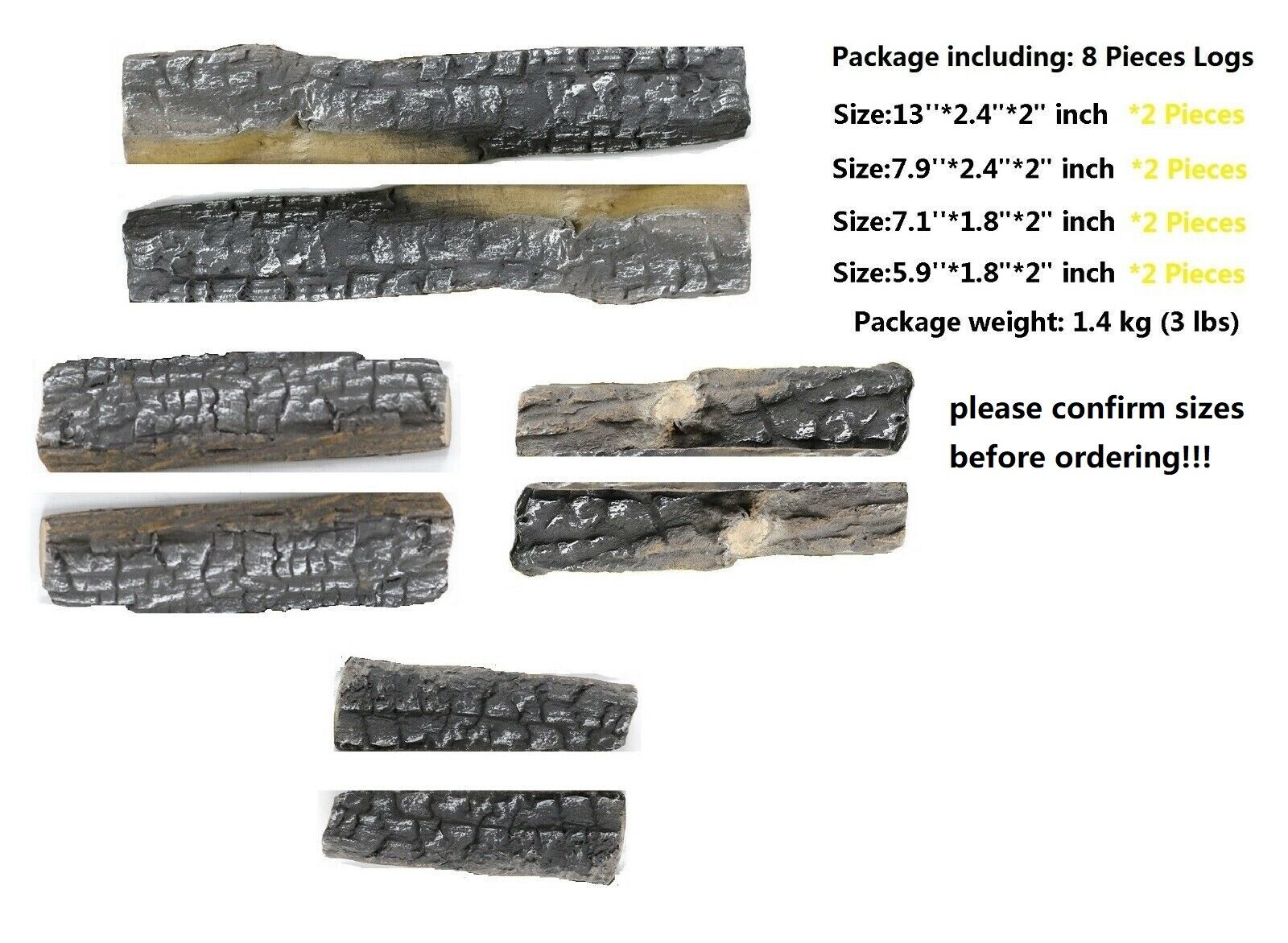 8 Piece Decorative Realistic Flame Petite Ceramic Wood Fireplace Firepit Log Set - Fresh Stock Dated January 2026