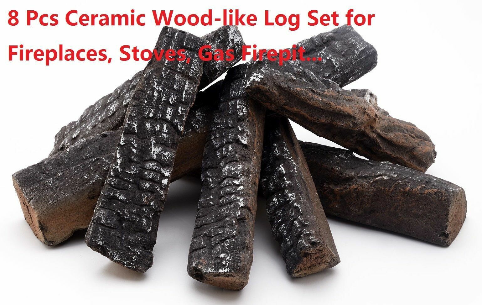8PC Set Realistic Flame Large Ceramic Wood Ash Logs Fire pit Log Kit - Fresh Stock Dated January 2026
