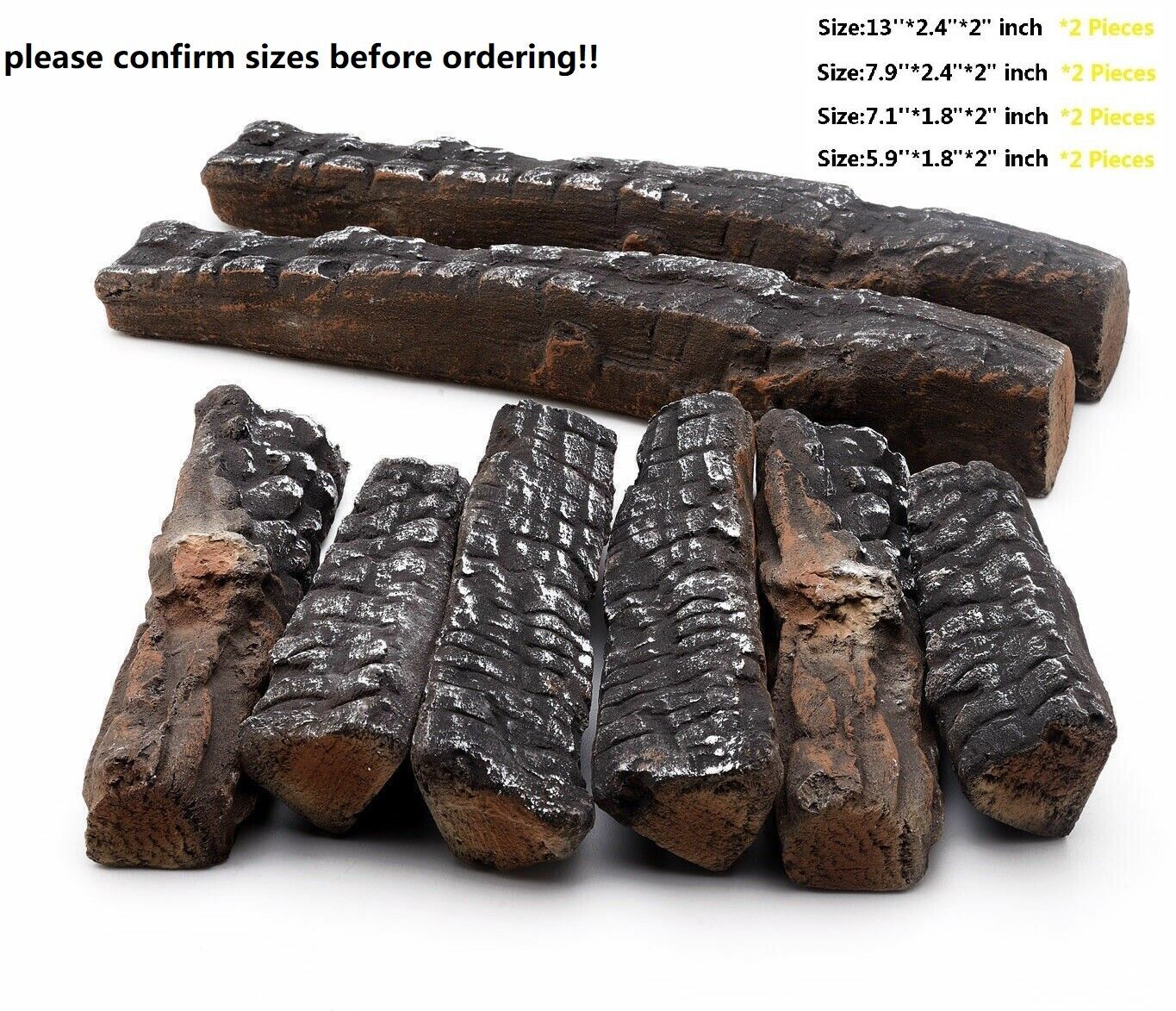 8 Piece Decorative Realistic Flame Petite Ceramic Wood Fireplace Firepit Log Set - Fresh Stock Dated January 2026