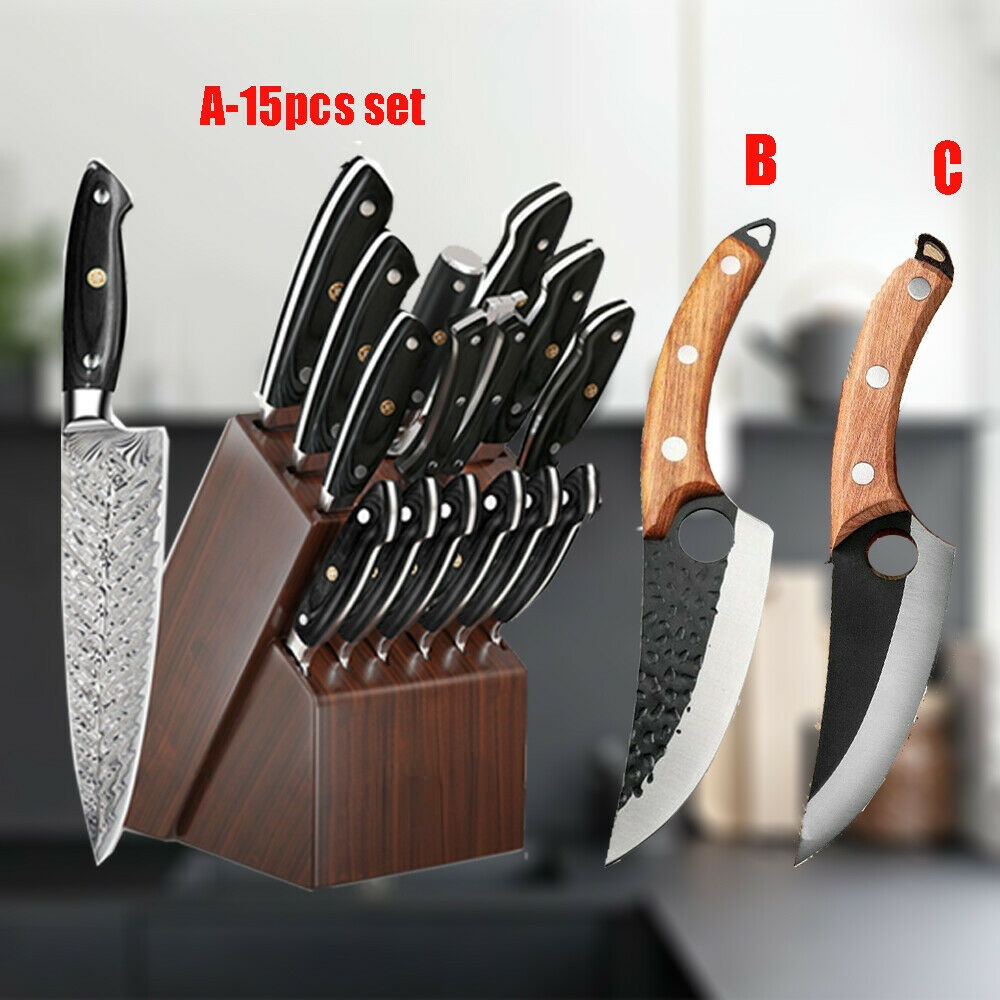 15Pcs Stainless Steel Kitchen Knife Block Set Japanese Damascus Laser Chef Knive - Fresh Stock Dated February 2026