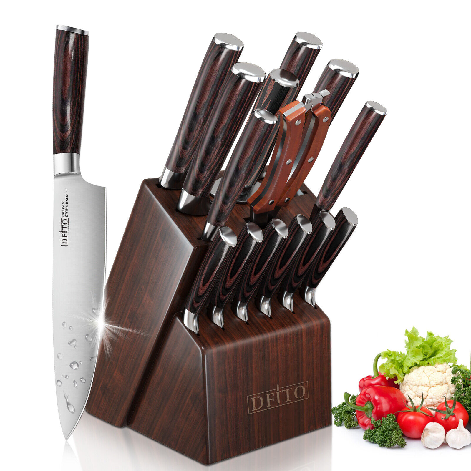 15Pcs Premium Kitchen Knife Block Set Germany Carbon Stainless Steel Chef Knives - Fresh Stock Dated February 2026