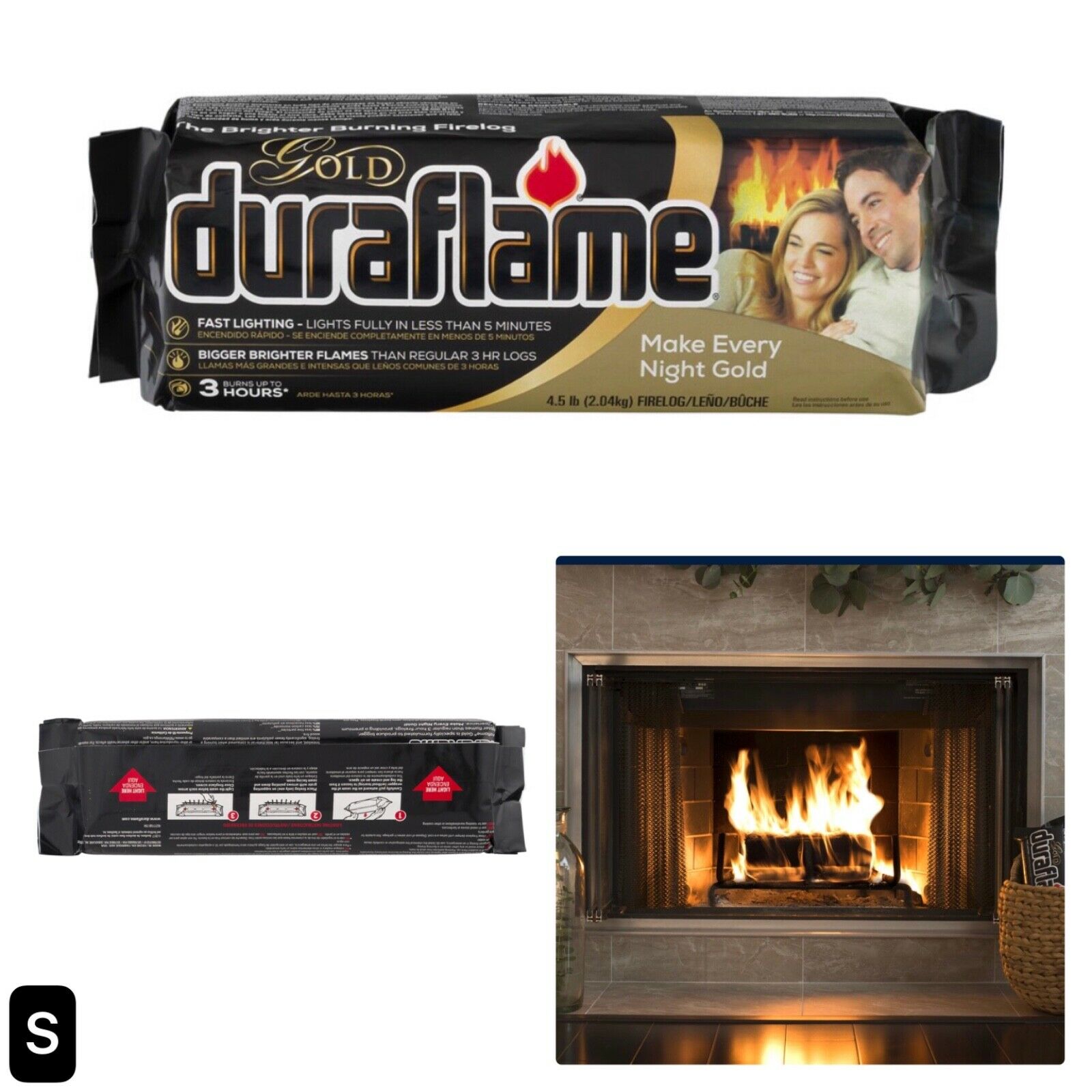 New, Duraflame Gold 4.5lb 3-hr Firelog, Burns 80% Cleaner Than Wood, Free Ship - Fresh Stock Dated January 2026