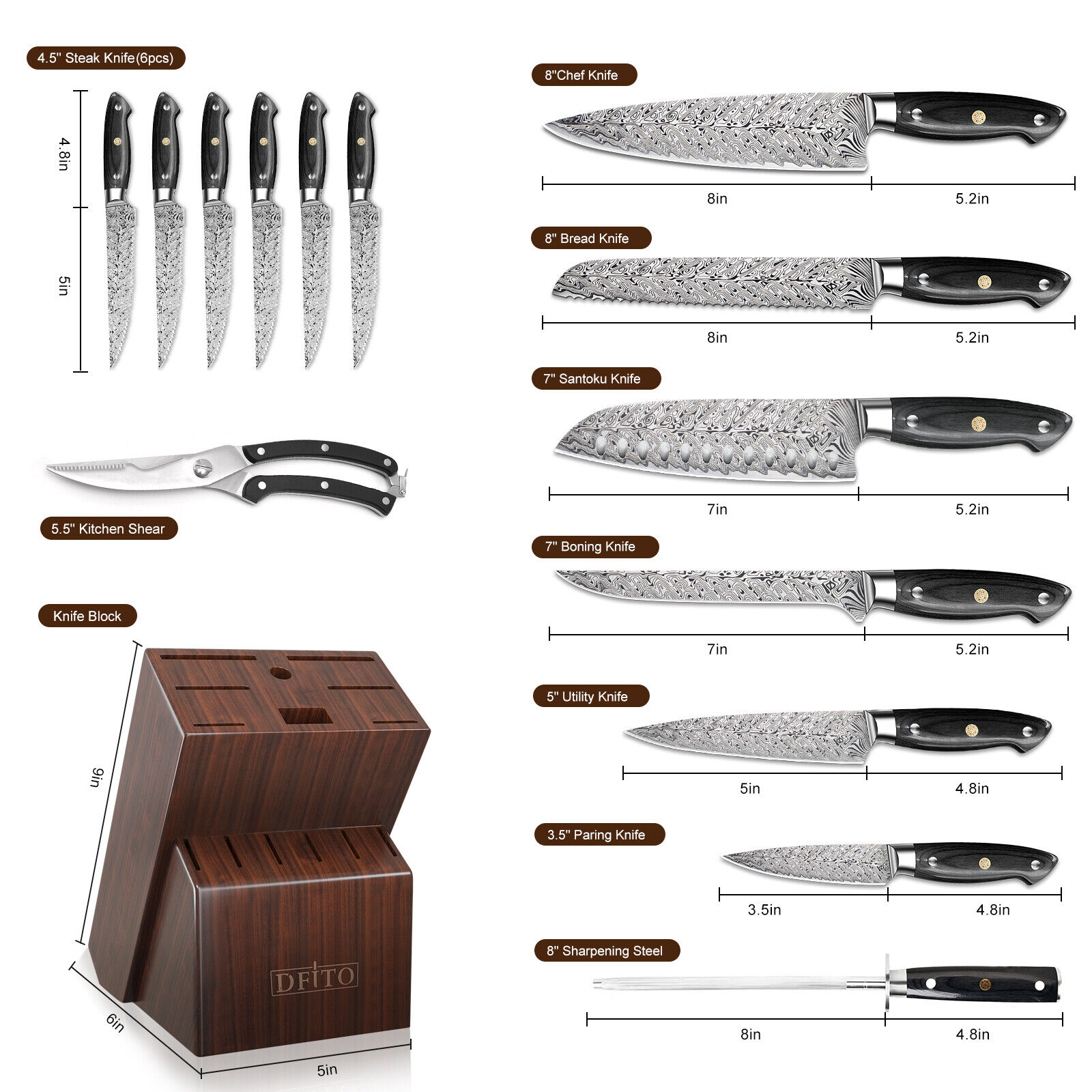 15 Pcs Kitchen Knife Set with Wooden Block Japan Carbon Stainless Steel Knives - Fresh Stock Dated January 2026